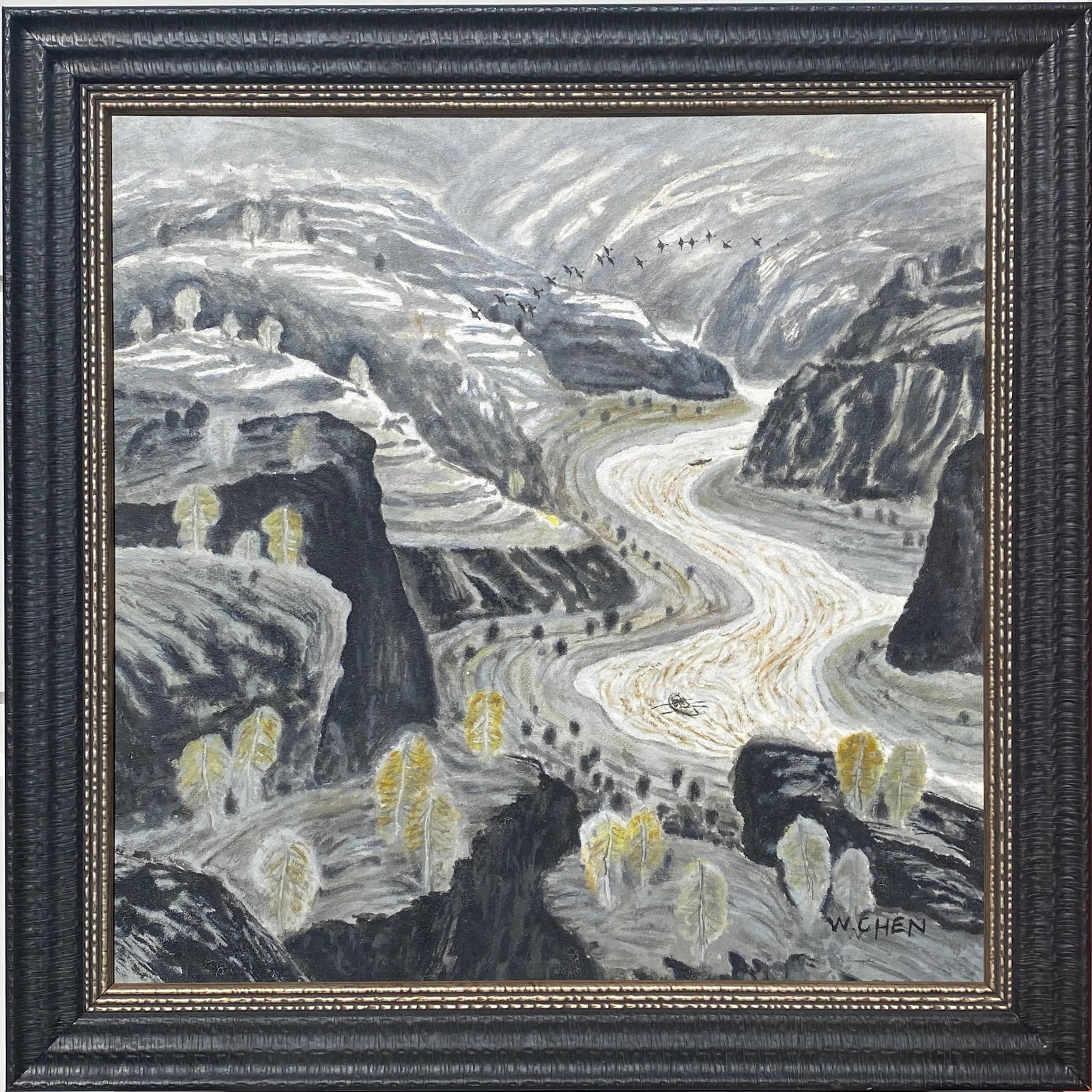 A Framed Oil Painting: A Framed Oil Painting. Length: 28.75" Height: 28.75" (Frame)