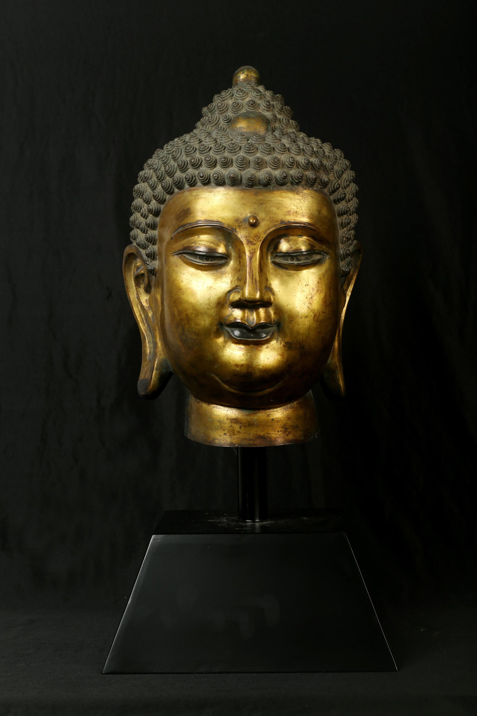 A Gilt Bronze Buddha Head: A Gilt Bronze Buddha Head. Height: 16.14in. Diameter: 10.04in.