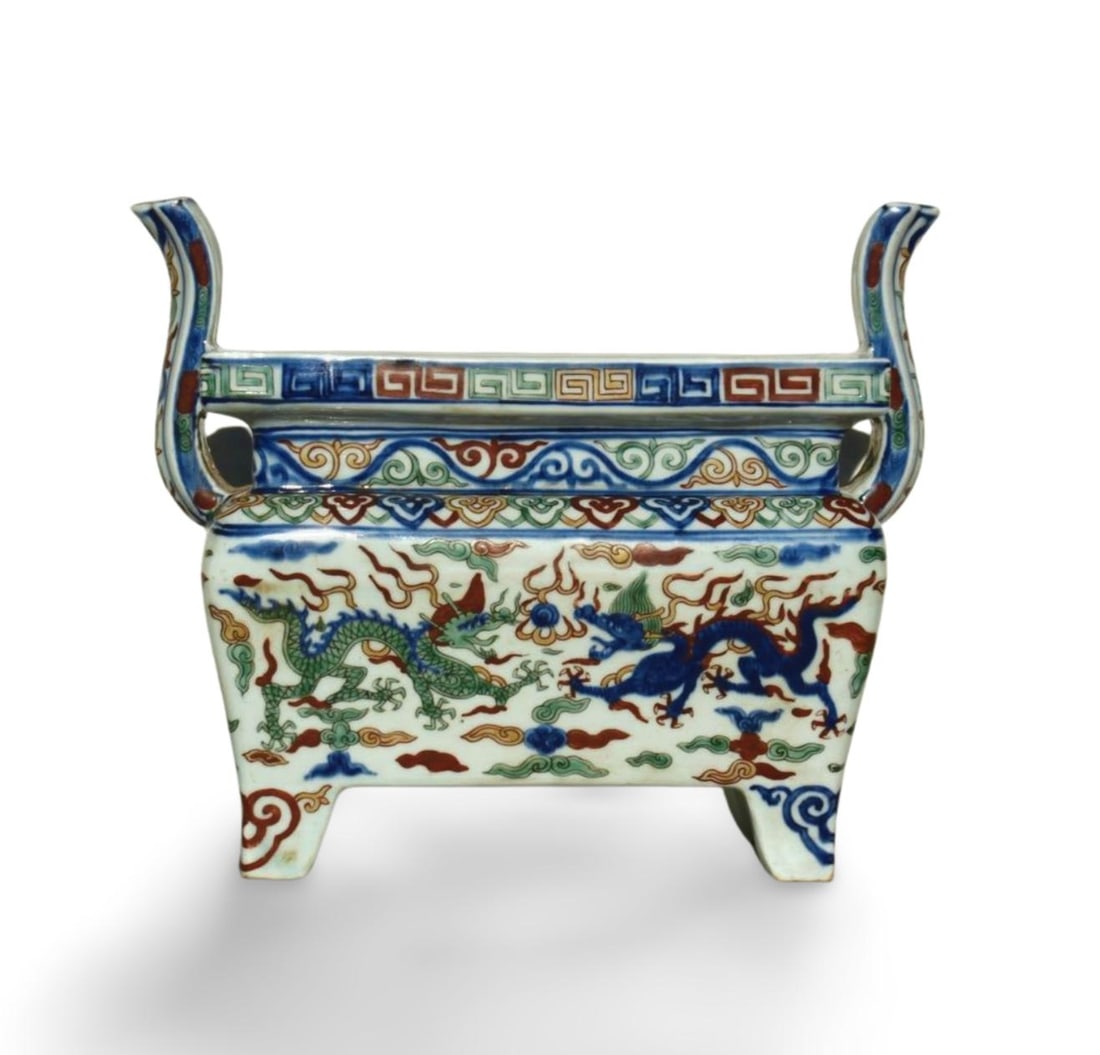 A Wucai Incense Burner: A Wucai Incense Burner. Dimension: 13" x 6" x 10.5".