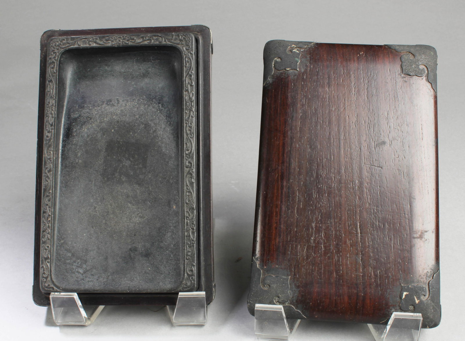Chinese Inkstone with Wooden Cover: Chinese Inkstone with Wooden Cover. Length: 6" Width: 3.5" (Inkstone)
