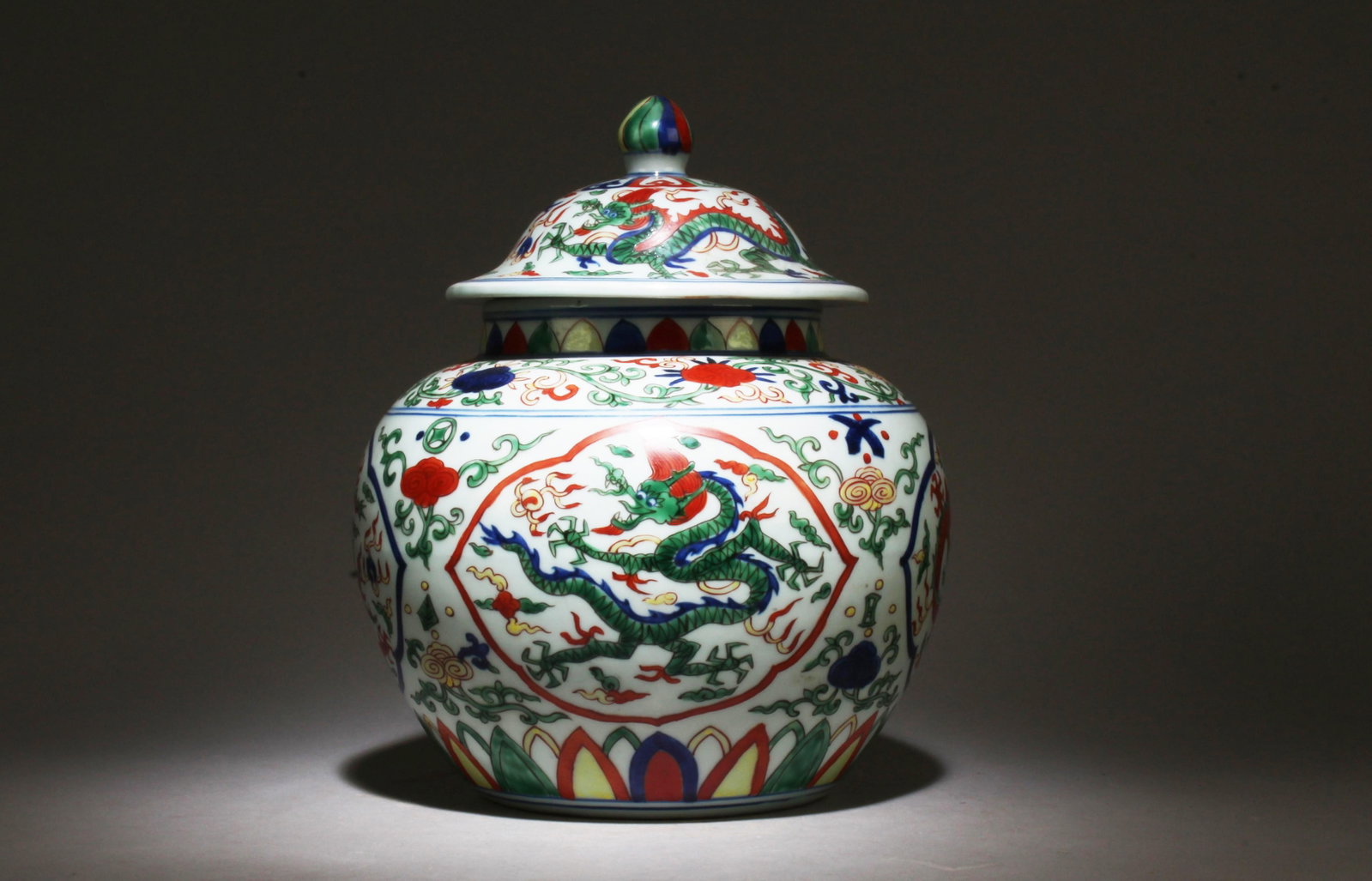 A Wucai Jar: A Wucai Jar. Dimensions: 11" x 9".