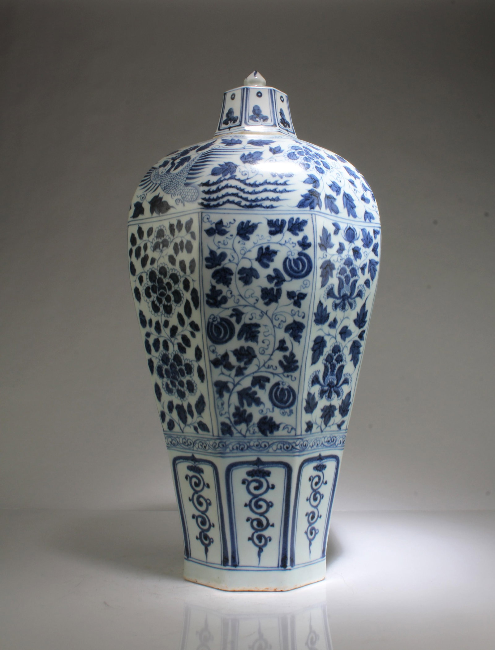 A Blue & White Porcelain Meiping Vase: A Blue & White Porcelain Meiping Vase with lid. Height: 19"