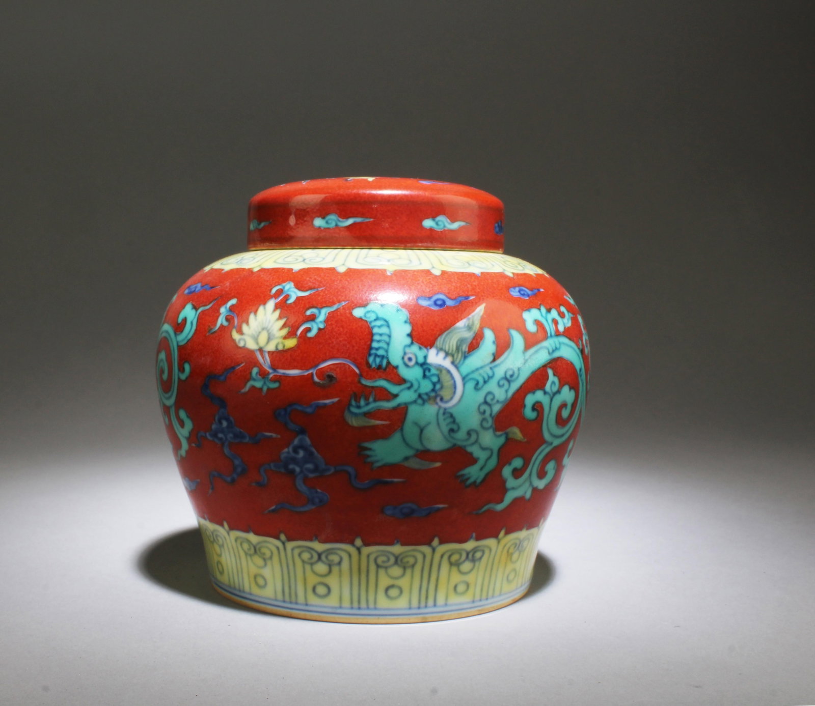 A Porcelain Tea Leaves Container: A Porcelain Tea Leaves Container. 'Tian' mark at base. Diameter: 6.6" Height: 6"