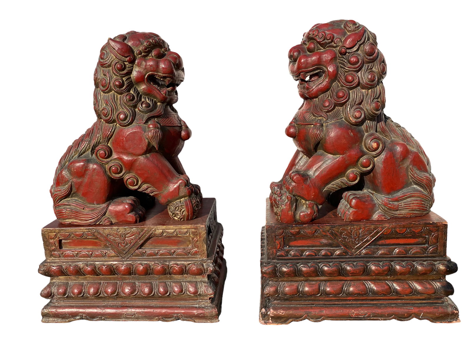 Antique Pair of Carved Wooden Foo Lion Display: A Pair of Carved Wooden Foo Lion Display. Comes fitted with a wooden stand. 'Zhong Shan Hui Guan' mark at base. Height: 28" Length: 18" Width: 11.5"Provenance: From an estate sale in Beverly Hill,