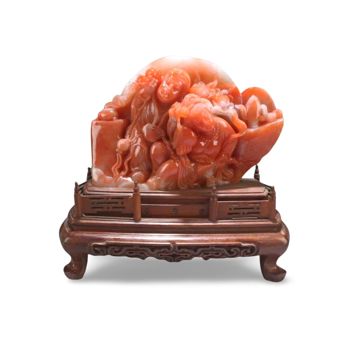 Chinese Soapstone Figurine: Chinese soapstone Figurine. Comes fitted with a wooden base. Length: 6" (soapstone)