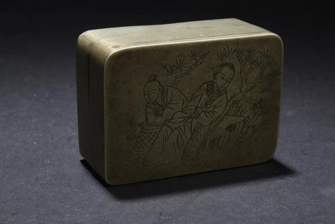 Chinese Bronze Ink Box: Chinese Bronze Ink Box, the cover top is inscribed with a scenery of a man and lady sitting on the rocks in outdoor scenery. Length: 2.5 " Width: 1.75 " Height" 1 "
