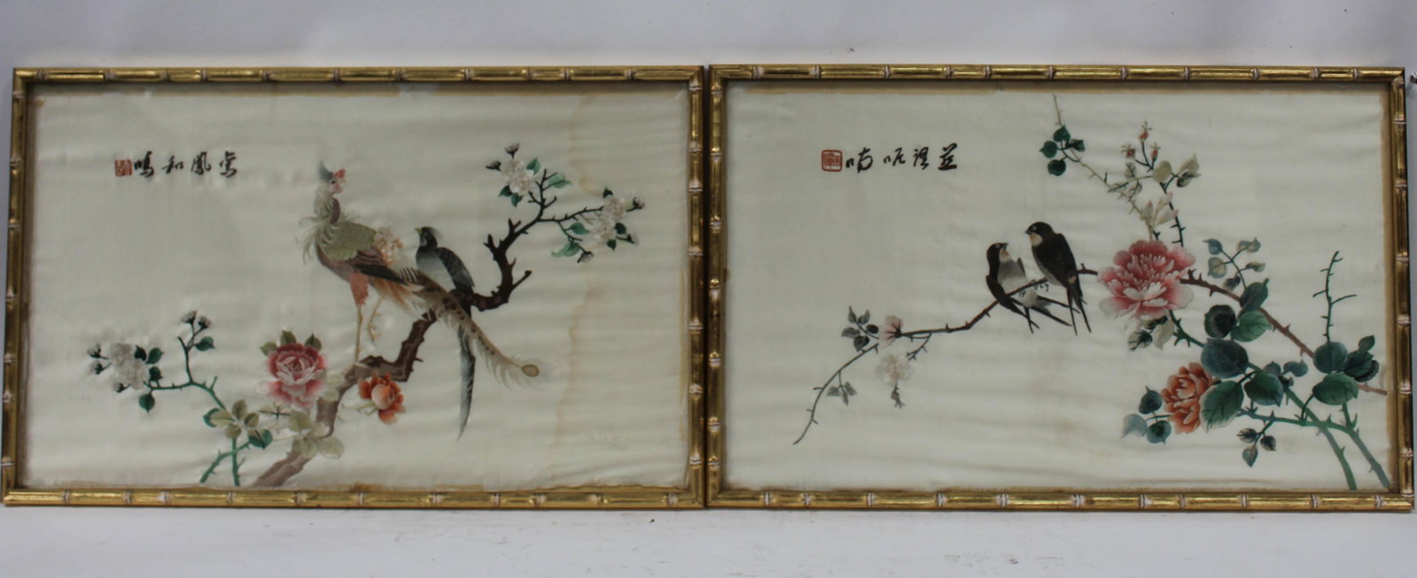 A Pair of Chinese Framed Embroidery Painting: A Pair of Chinese Framed Embroidery Painting, depicting bird and flower. Length: 24.75" Height: 15.25" (Frame)
