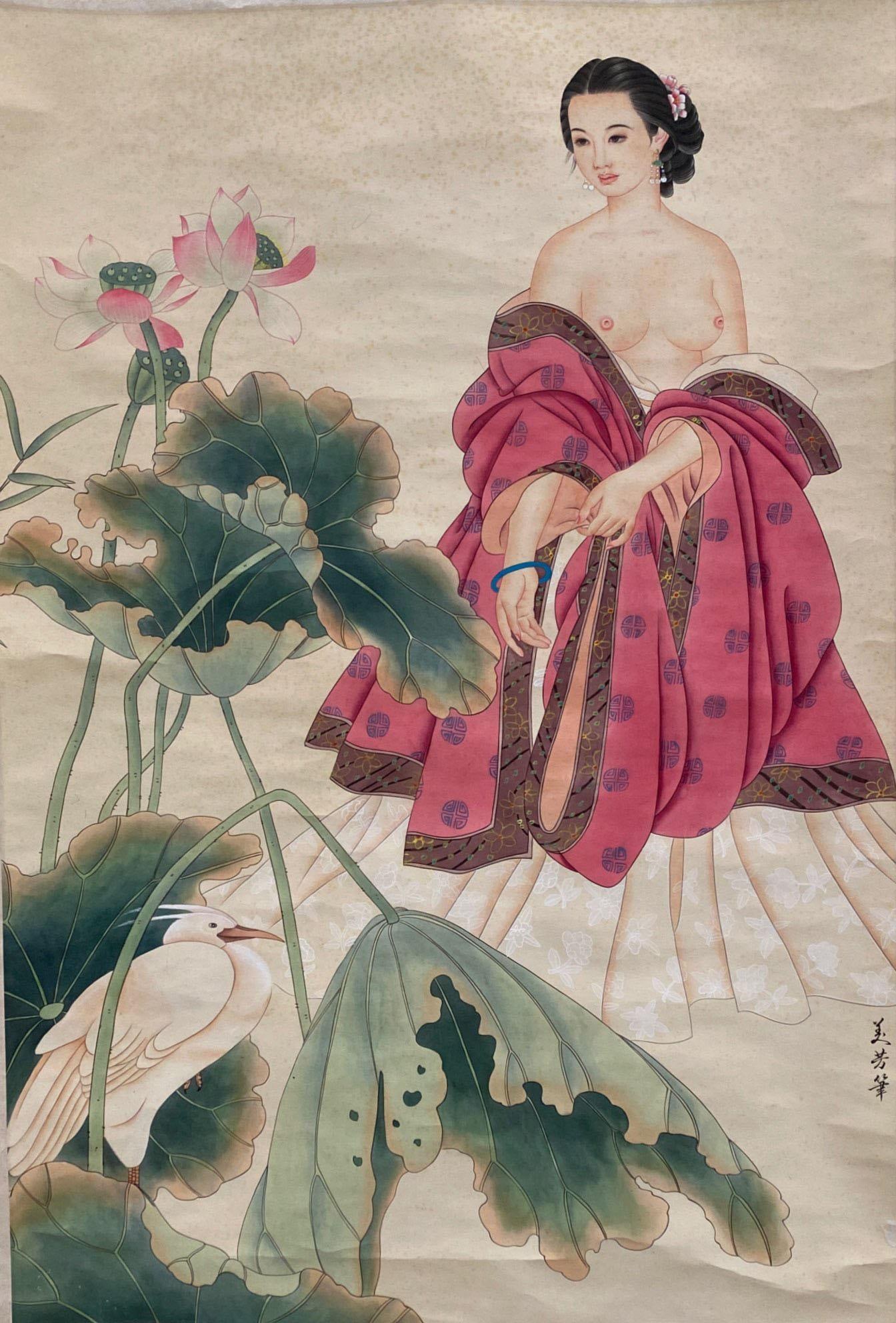 Chinese Hanging Scroll Painting: Ink and color on paper, depicting a portrait of a woman, signed with seal attributed to Mei Fang. Length: 29.25" 42.25"