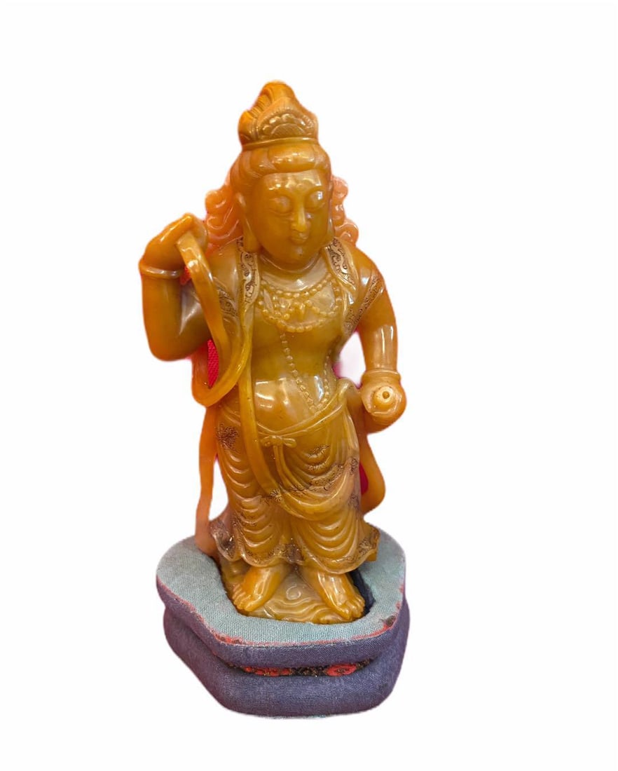 Chinese Tianhuang Carved Figurine: Chinese Tianhuang Carved Figurine. Comes fitted with a stand. Mark at back.Height: 4.65" Weight: 166.6 g