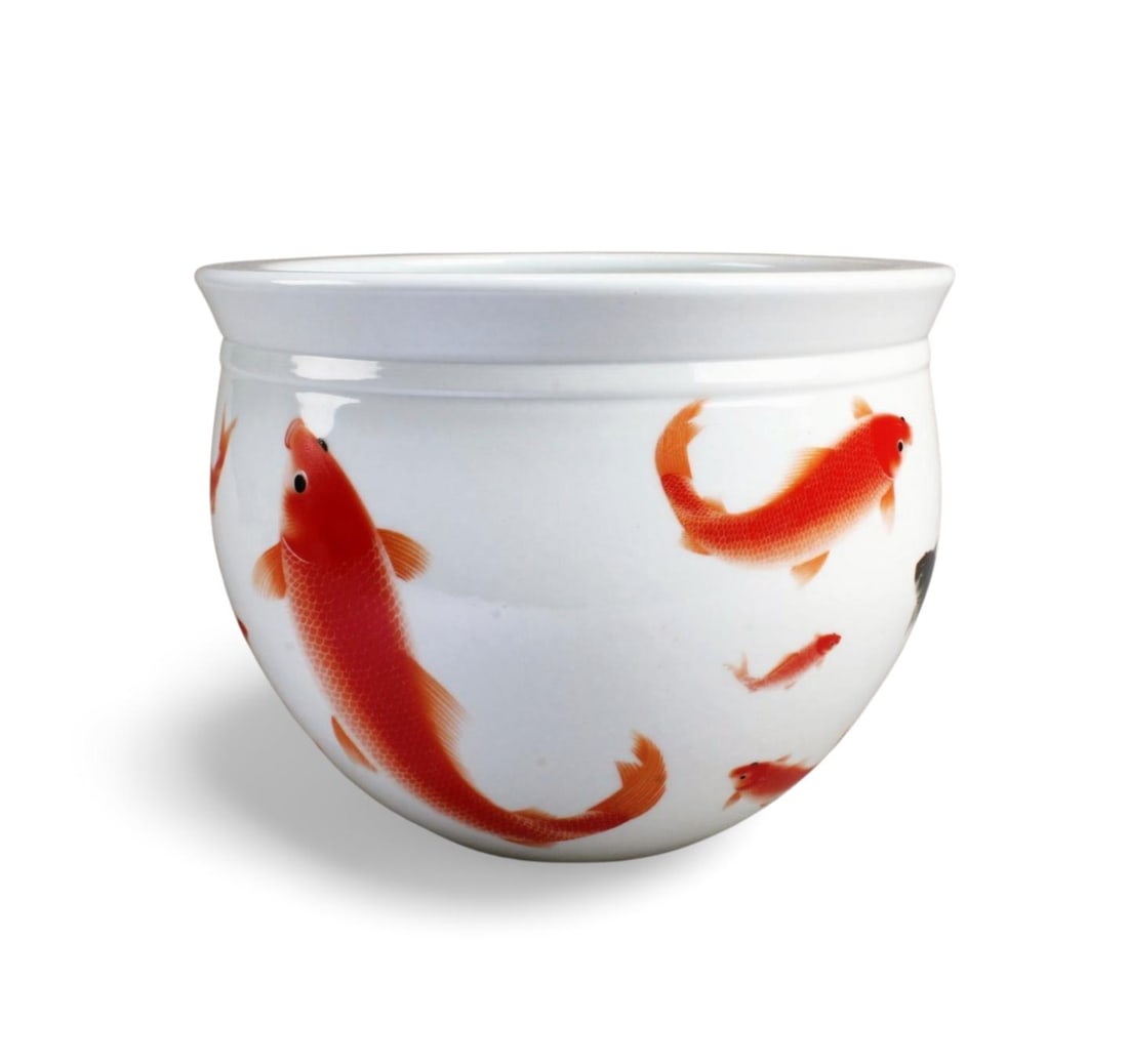 Chinese Porcelain Fish Tank: Chinese Porcelain Fish Tank, depicting fishes. A character mark is imprinted at the base. Diameter: 9.75"