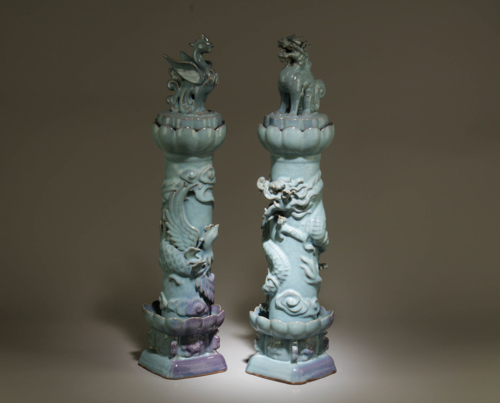 A Pair of Junyao Ornament with Dragon Motif: A Pair of Junyao Ornament with Dragon Motif. 14 Characters at Base. Dimensions: 5.5" x 22.5".