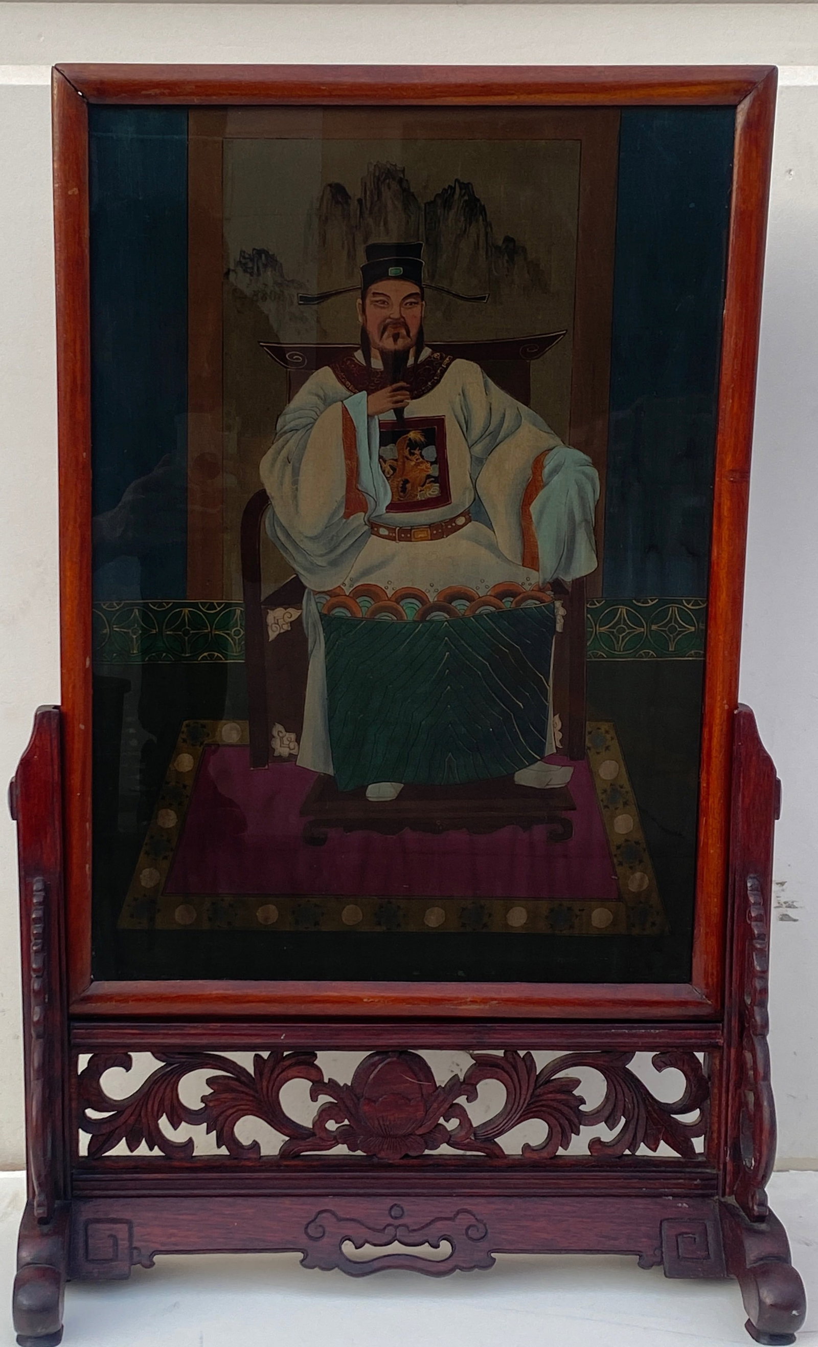 A Wooden Table Screen with Painting Inlay: A Wooden Table Screen with Painting Inlay. Height: 28" Length: 18" Width: 8.5"