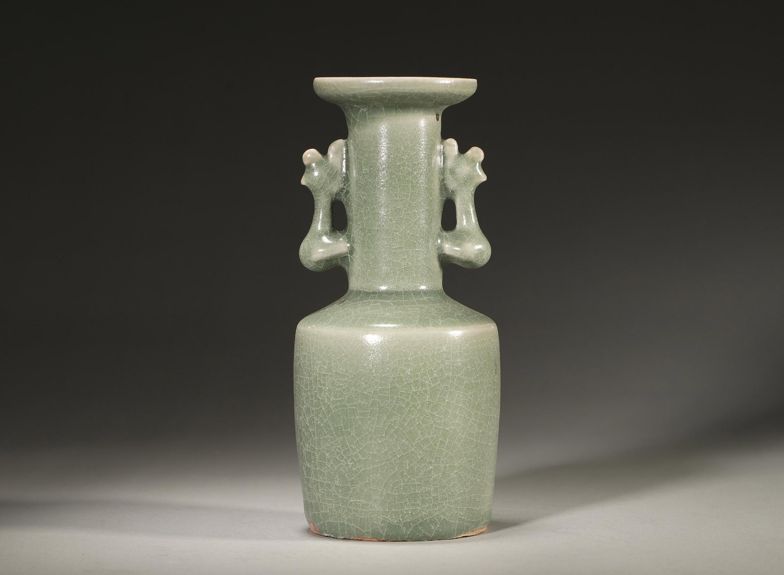 SONG DYNASTY LONGQUAN KILN PHOENIX-EARED MALLET VASE: Diameter 8cm Height 18cm