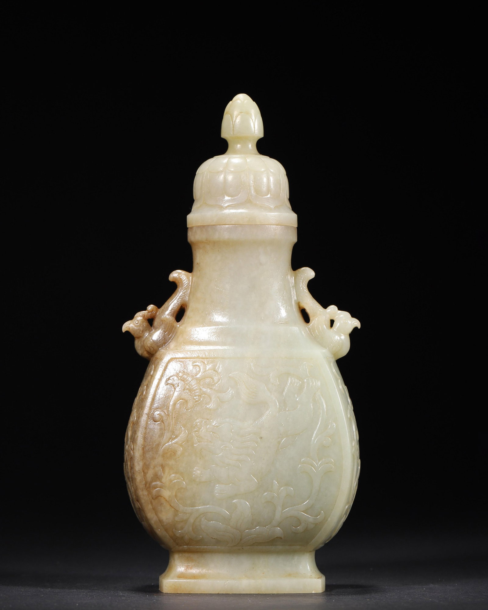 A FINE HETIAN PALE CELADON JADE VASE AND COVER WITH PHOENIX HANDLES AND AUSPICIOUS BEAST MOTIF, (1 of 9)
