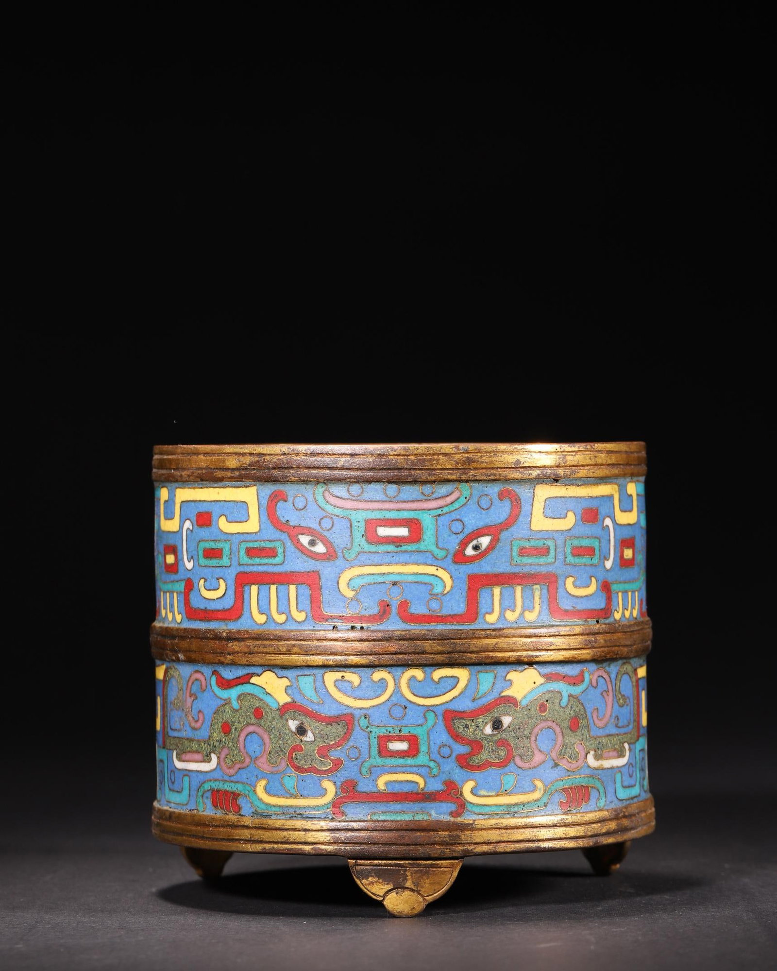 A GILT-BRONZE CLOISONNE ENAMEL TRIPOD CENSER WITH ARCHAISTIC BEAST MASK DESIGN, QIANLONG PERIOD, (1 of 8)