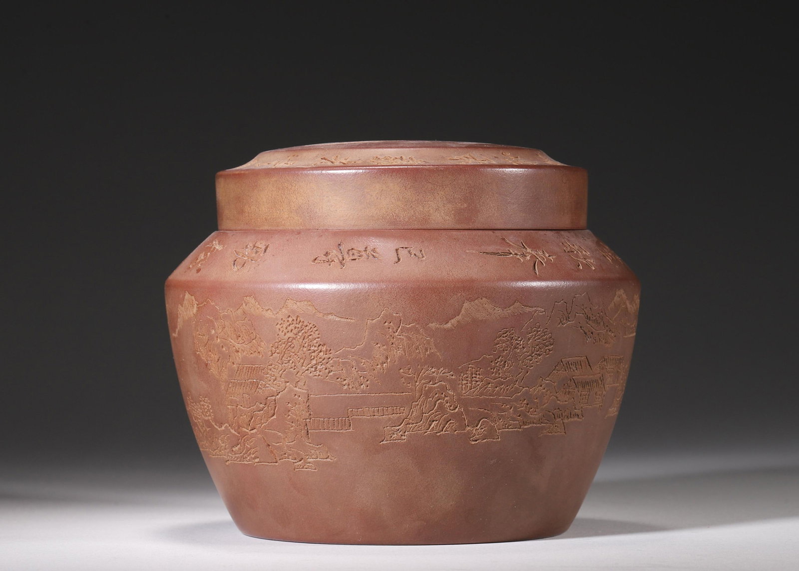 A ZISHA TEA CADDY WITH LANDSCAPE AND POETIC INSCRIPTIONS, MADE BY YANG JICHU, QING DYNASTY (1 of 9)