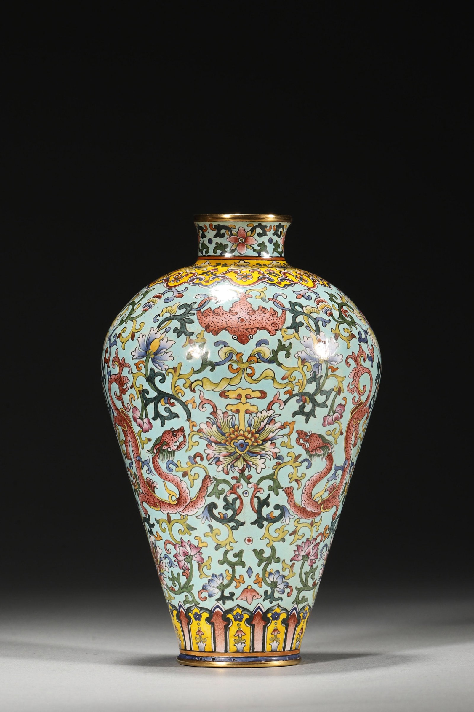 AN ENAMELED COPPER PLUM VASE WITH DRAGON AND FLORAL MOTIFS, QIANLONG PERIOD (1 of 7)
