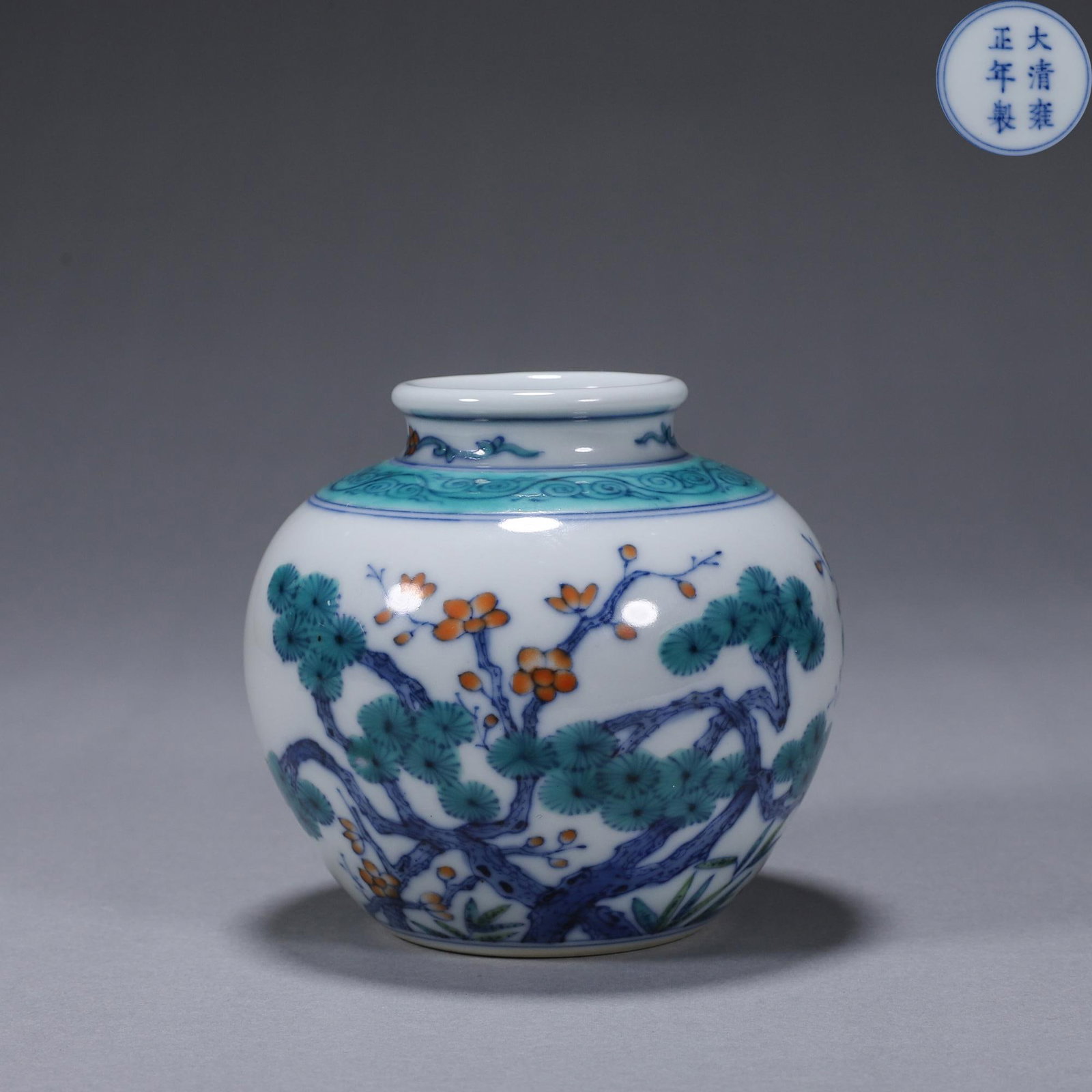 QING DYNASTY DOUCAI WITH PINE, BAMBOO AND PLUM BLOSSOM PATTERN WATER POT: W: 9.8cm H: 9.5cm