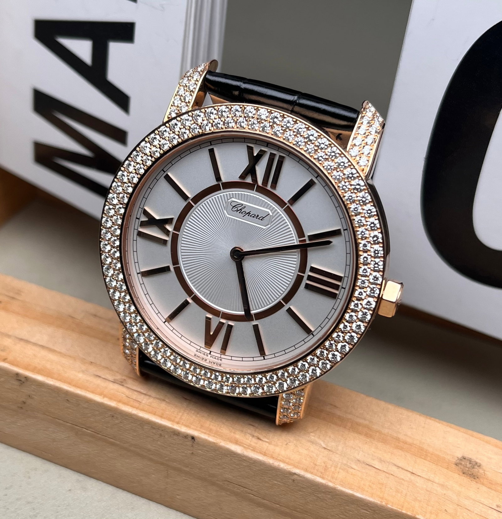 CHOPARD 18K ROSE GOLD DIAMOND-SET WATCH: Top Chopard - Largest Full-Cluster 184-Pearl, 2.41-Carat Set Diamonds, Model 173593-5005, 18K Rose Gold, 43mm Case Diameter, Rose Gold with Diamond Roman Numeral Index Markers