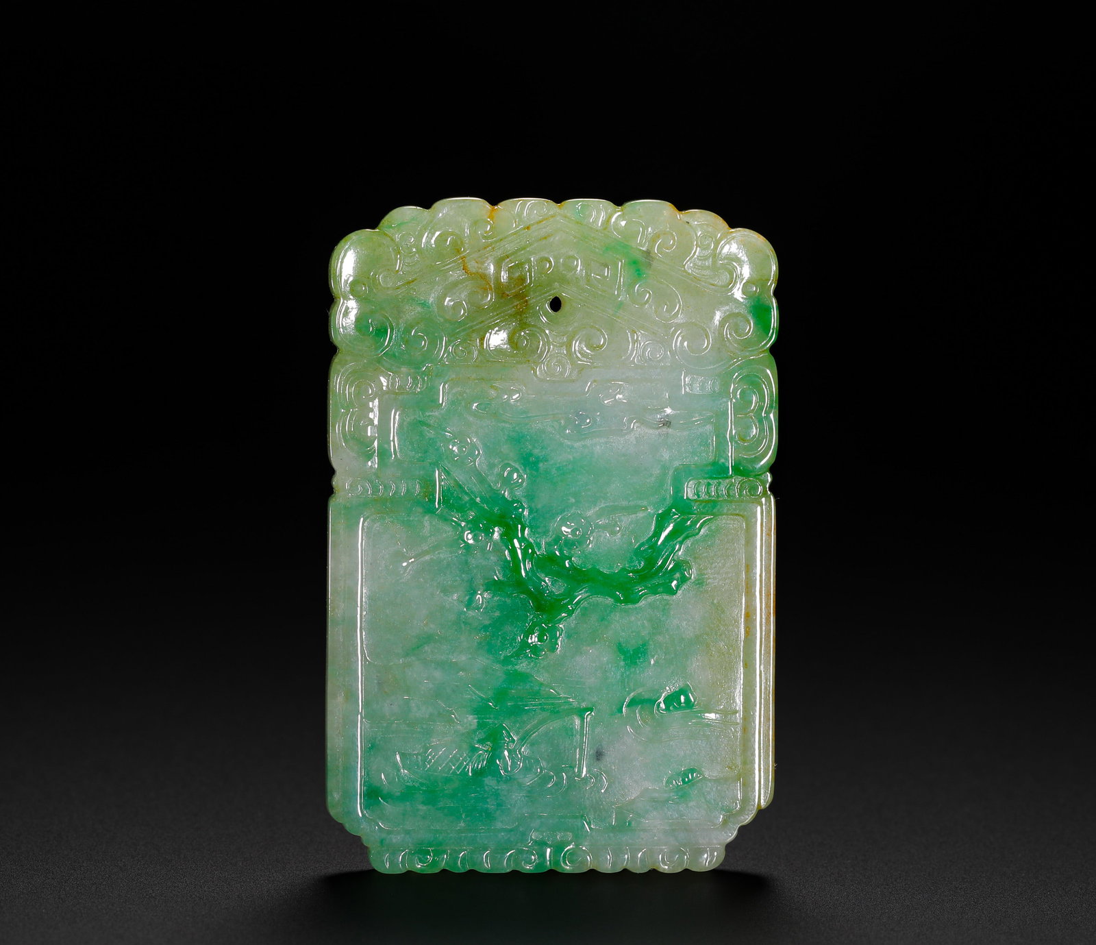 QING DYNASTY ZHENGYANG GREEN JADEITE POETRY AND PROSE LANDSCAPE ZIGANG PLAQUE: H:6cm (2.36in) W:4cm (1.57in) Weight:35g (0.08lb)Rectangular icy-jadeite plaque with vivid apple-green floating colour, obverse carved plum blossom riverscape, reverse inscribed ancient poetry, typica