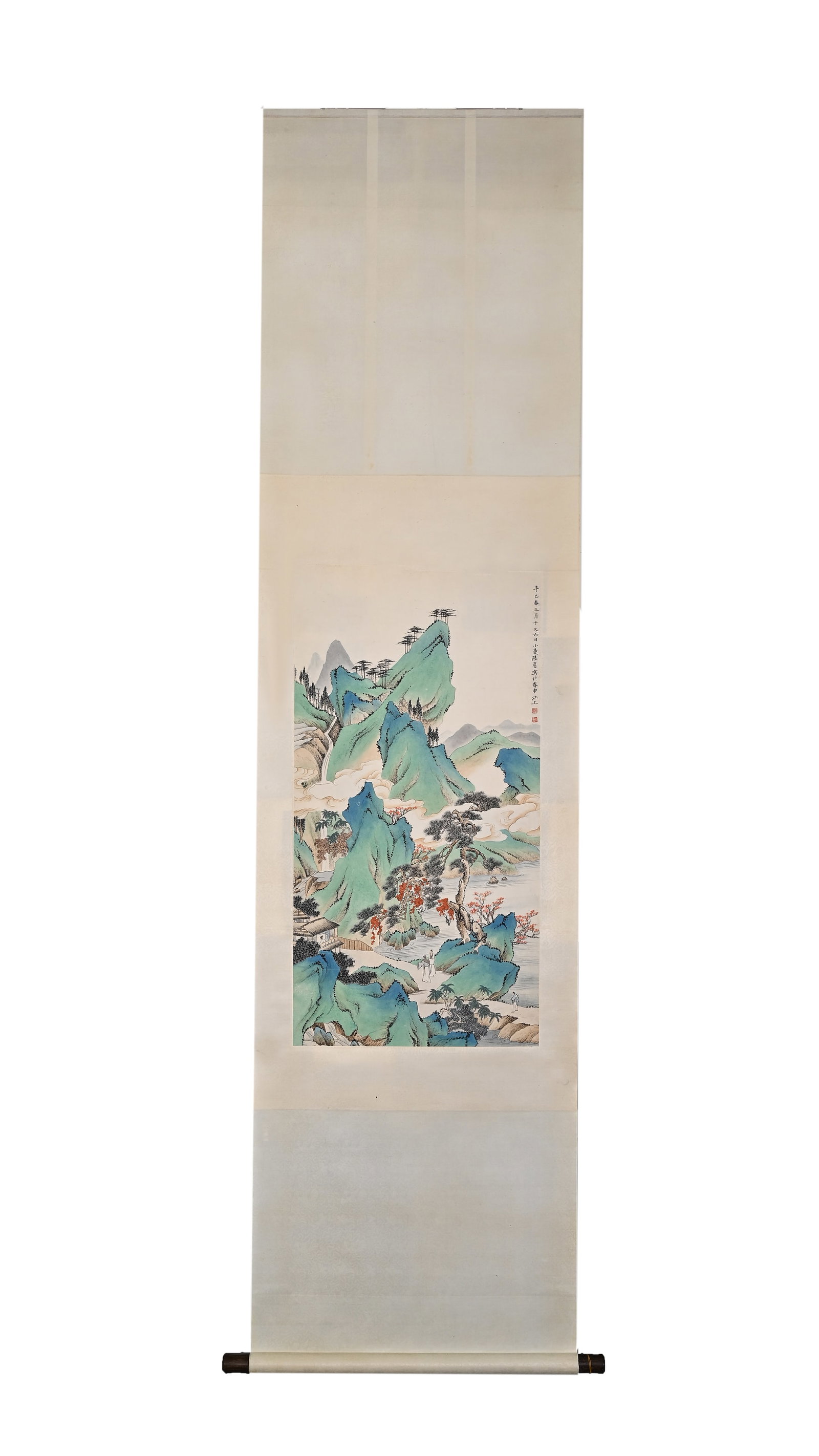 LU XIAOMAN (1903-1965) OF MODERN TIMES, A VERTICAL SCROLL OF THE GREEN RIDGE AND CLEAR CLOUDS: H:89cm(35.04in) W:46cm(18.11in)A vertical light green landscape painting on paper of modern times, depicting layered steep peaks, flowing clouds, ancient pines and scholars by streams in pale cyan