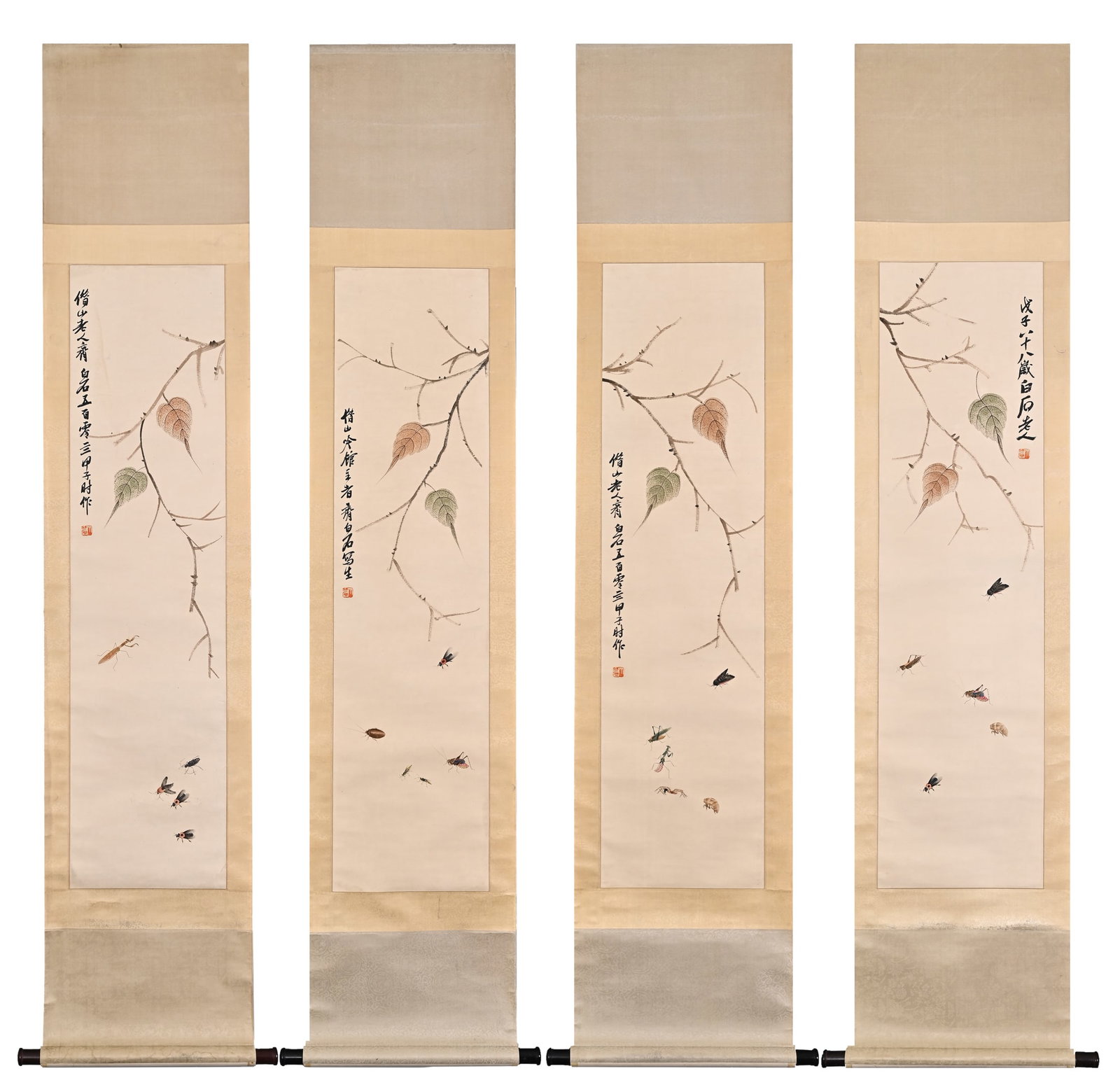 QI BAISHI (1864-1957) FINE BRUSHWORK INSECT AND GRASS FOUR-PANEL SCREEN: H:130cm(51.18in) W:32cm(12.60in)A four-panel set of leaf and insect paintings by modern master Qi Baishi, delicately rendered in light colour with withered branches, autumn leaves and various singing 