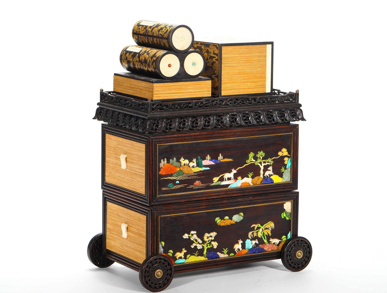 QING DYNASTY PURPLE SANDALWOOD HUNDRED TREASURES INLAID WITH PINE DEER PATTERN ROLLER TYPE (1 of 16)