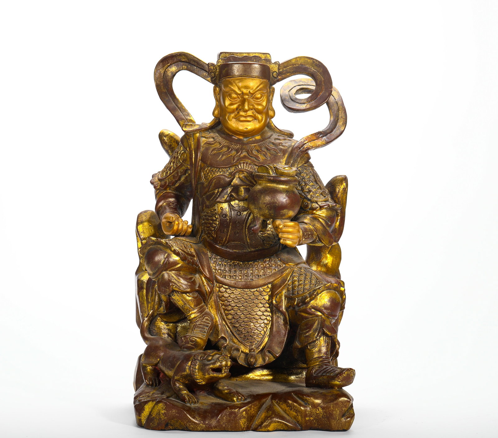 QING DYNASTY WOODBLOCK GILDED SEATED STATUE OF ZHAO GONGMING, THE GOD OF WEALTH: H:40cm (15.75in) W:22cm (8.66in) Weight:3500g (7.72lb)