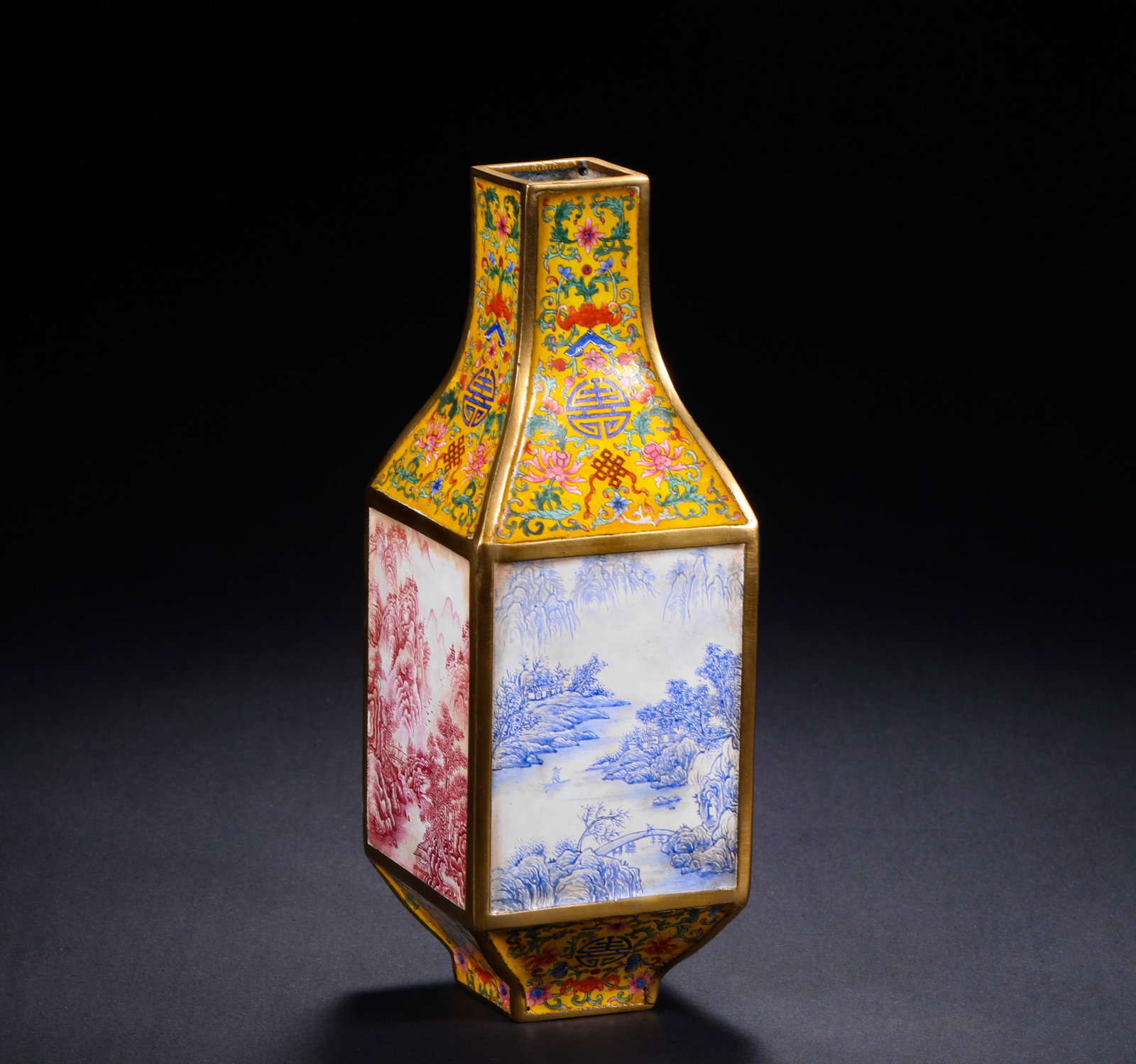 QING DYNASTY QIANLONG COPPER-PAINTED ENAMEL WATER SQUARE VASE: H:18cm(7.09in) W:6.8cm(2.68in) Weight:660g(1.46lb)Classic elegant square vase with rounded corners, featuring straight mouth, narrow neck, angular shoulder, square belly and square base. The tall well