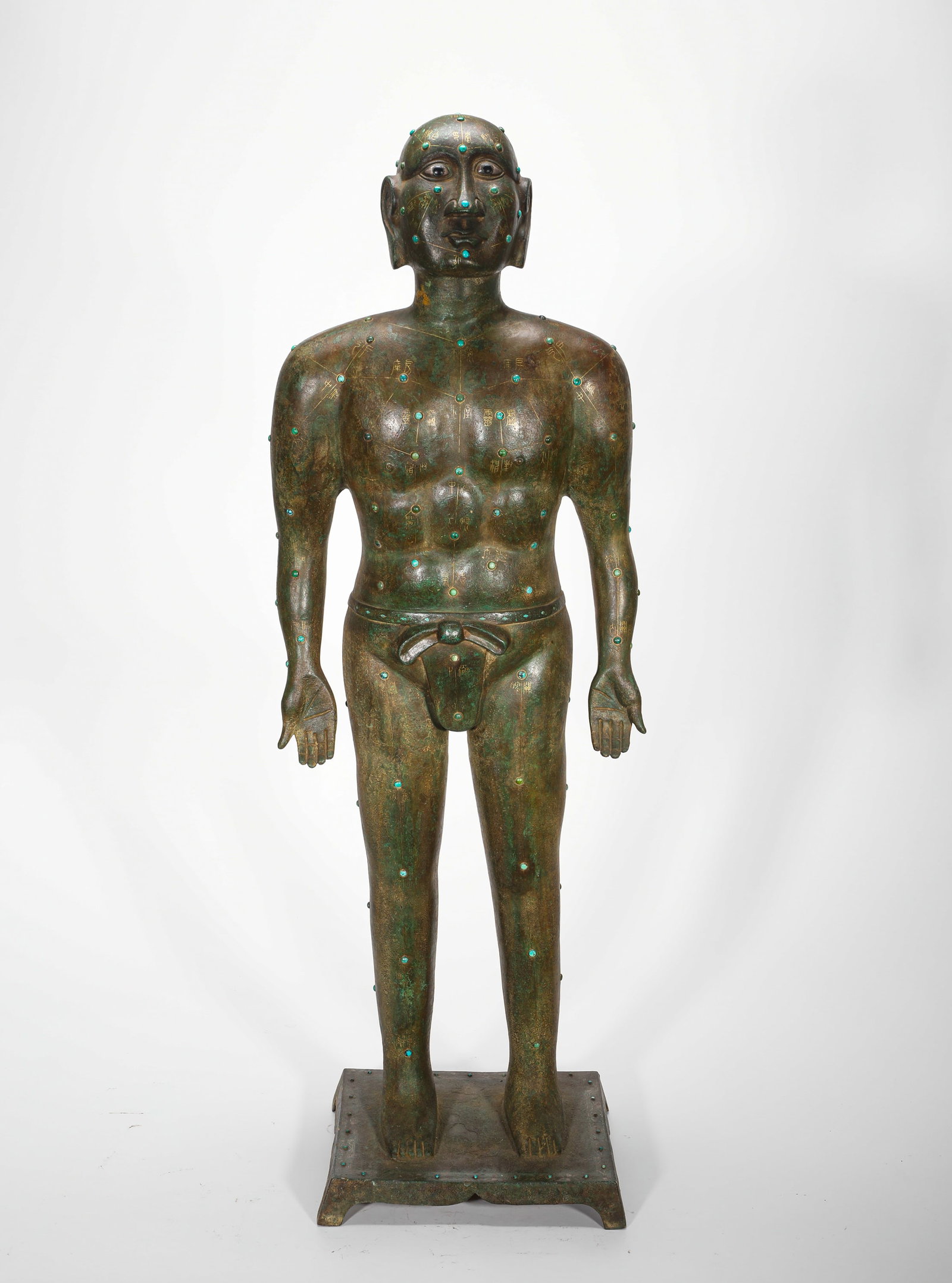 HAN DYNASTY BRONZE INLAID GOLD AND SILVER ACUPUNCTURE FIGURE: H:79cm(31.10in)W:25cm(9.84in)Weight:10820g(23.85lb)