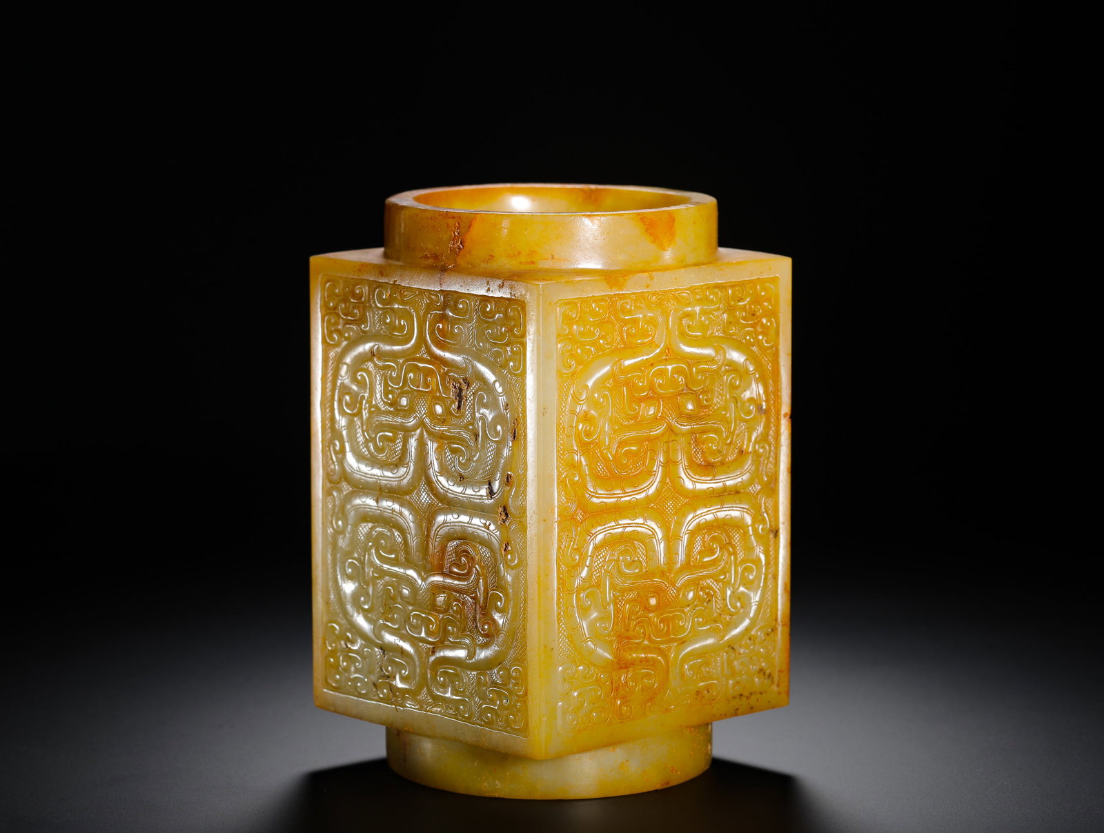 HAN DYNASTY HETIAN YELLOW JADE ANIMAL FACE PATTERN CONG (1 of 9)