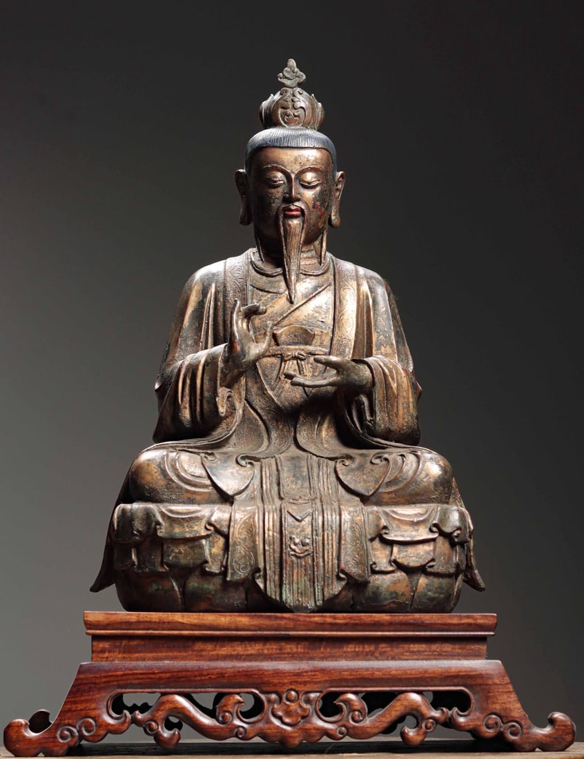 QING DYNASTY GILDED BRONZE STATUE OF LAOZI: Weight:6750gH:40cmW:27cmT:18cm
