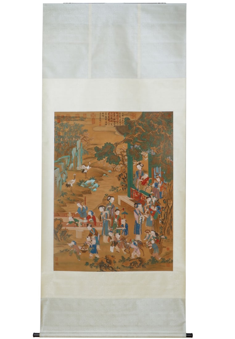 THE MING DYNASTY'S TANG YIN (1470-1524) JI QING SCROLL: H:132.5cm(52.17in) W:98cm(38.58in)Vertical heavy-color figure scroll on silk by Tang Yin, depicting ladies and children playing in courtyard with pine, bamboo, cranes and deer, gorgeous delicate color