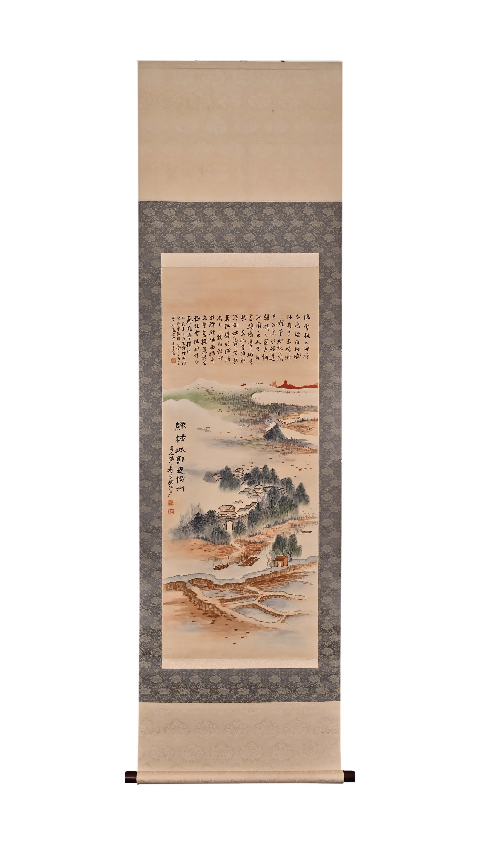 ZHANG DAQIAN (1899-1983) A VERTICAL SCROLL DEPICTING THE MAGNIFICENT SCENERY OF WEIYANG: H:101cm(39.76in) W:40cm(15.75in)A vertical hanging scroll of lightly colored Jiangnan water-town landscape on paper, depicting farmlands, rivers, villages, boats and bridges on the outskirts of Yangzh