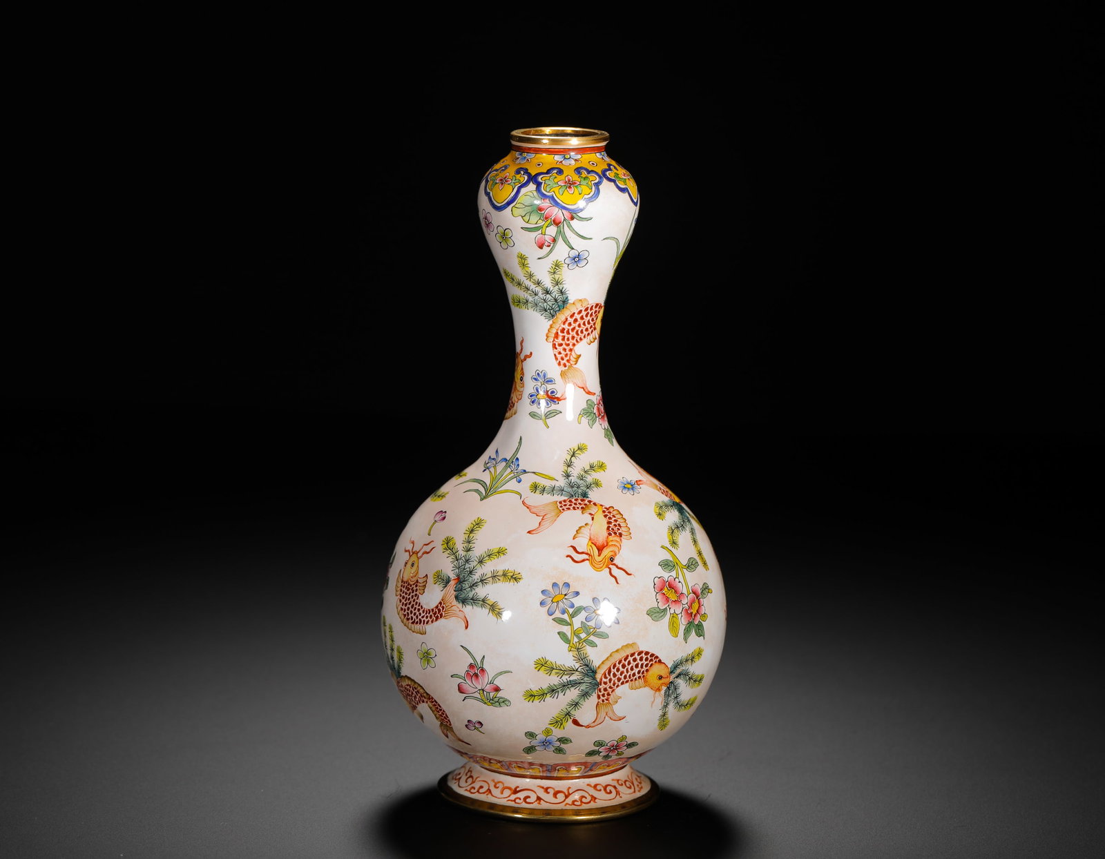 QING DYNASTY COPPER BODY PAINTED ENAMEL FISH AND ALGAE PATTERN GARLIC VASE (1 of 9)