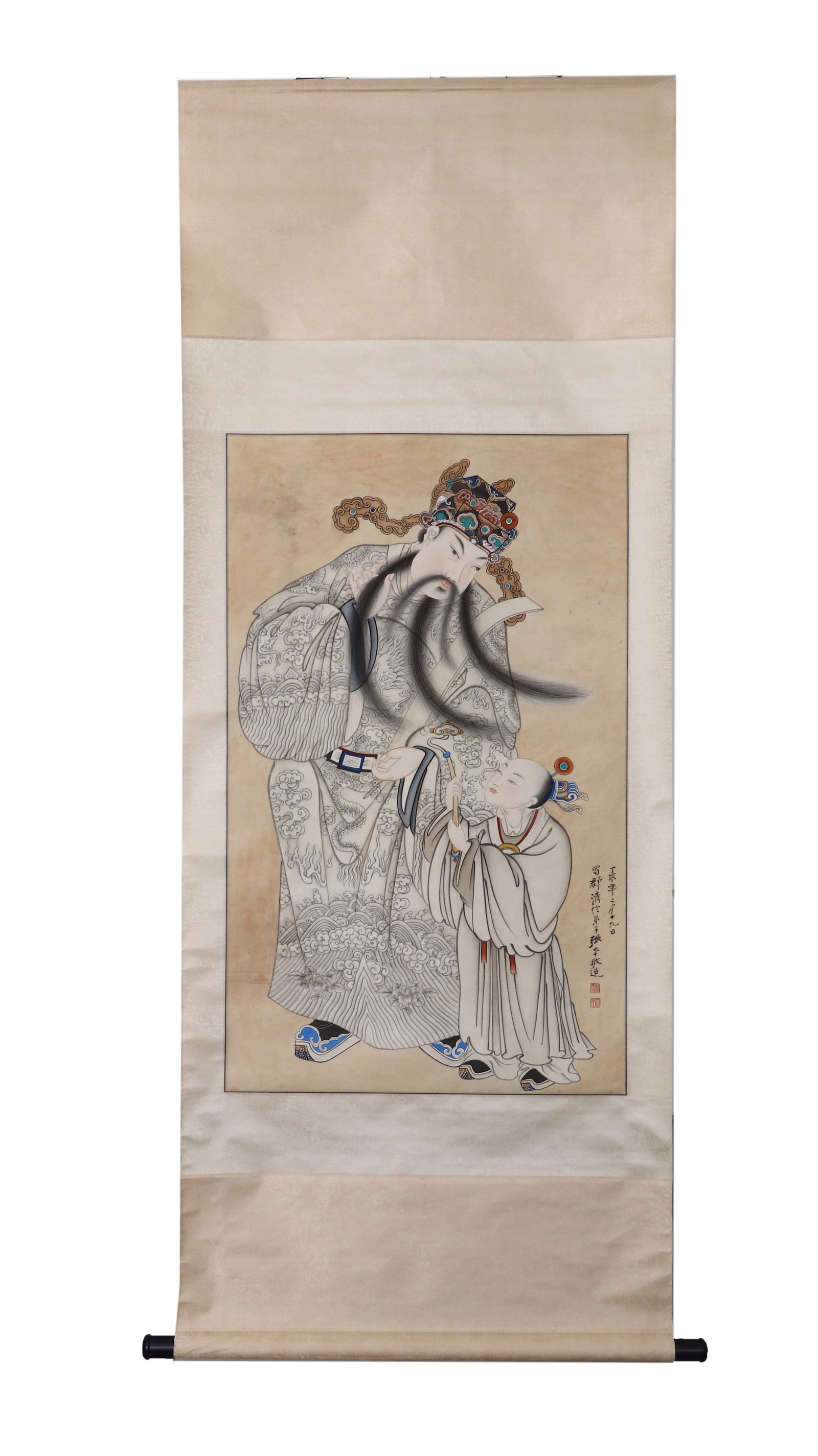 ZHANG DAQIAN (1899-1983) SILK SCROLL OF CELESTIAL OFFICIALS BESTOWING BLESSINGS: W:61cm(24.02in) H:100cm(39.37in)A vertical hanging scroll of meticulous figure painting on paper signed by Zhang Daqian, depicting the God of Fortune granting blessings, with fine line drawing of drag