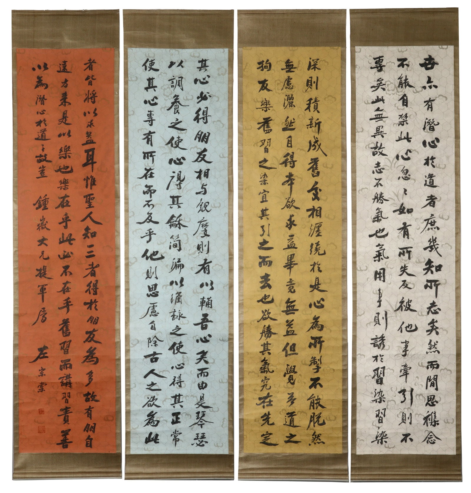 A FOUR-PANEL VERTICAL SCROLL BY ZUO ZONGTANG OF THE QING DYNASTY (1812-1885): H:175cm(68.90in) W:42cm(16.54in)Four vertical scrolls of running script calligraphy created by Zuo Zongtang, a famous minister in the late Qing Dynasty, expounding self-cultivation and academic pursui