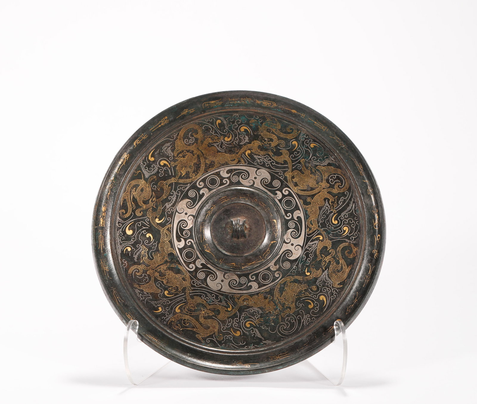 BRONZE CUO GOLD AND SILVER TREASURES MIRROR FROM THE WARRING STATES PERIOD: D:19cm Weight:680g
