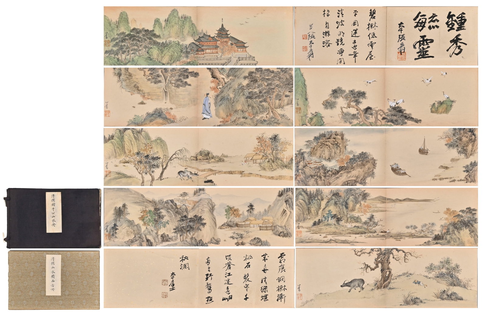 PU RU (1896-1963) LANDSCAPE MASTERPIECES ALBUM: SONG IN THE SHADE OF PINES: L:44cm(17.32in)W:14cm(5.51in)ThisalbumisamasterpieceoflandscapepaintingbyPuRu,adescendantoftheQingroyalfamilyandagreatmodernpainter.Itconsistsofeightleaves,depictingJiangnanscenery,pavilions,figureshe