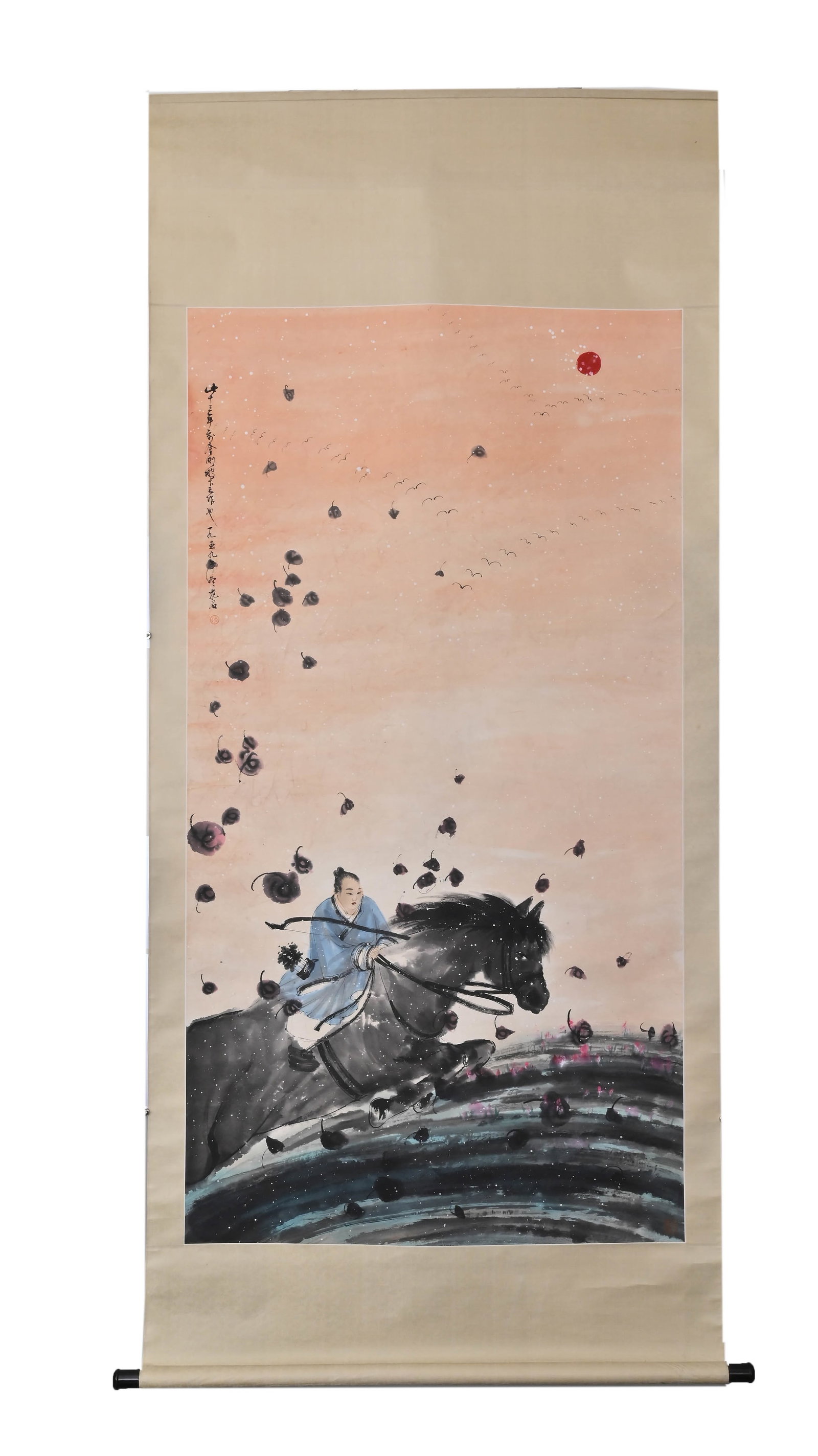 FU BAOSHI RIDING A HORSE WITH FALLEN PETALS. SIX FEET: H:176cm(69.29in) W:93cm(36.61in)