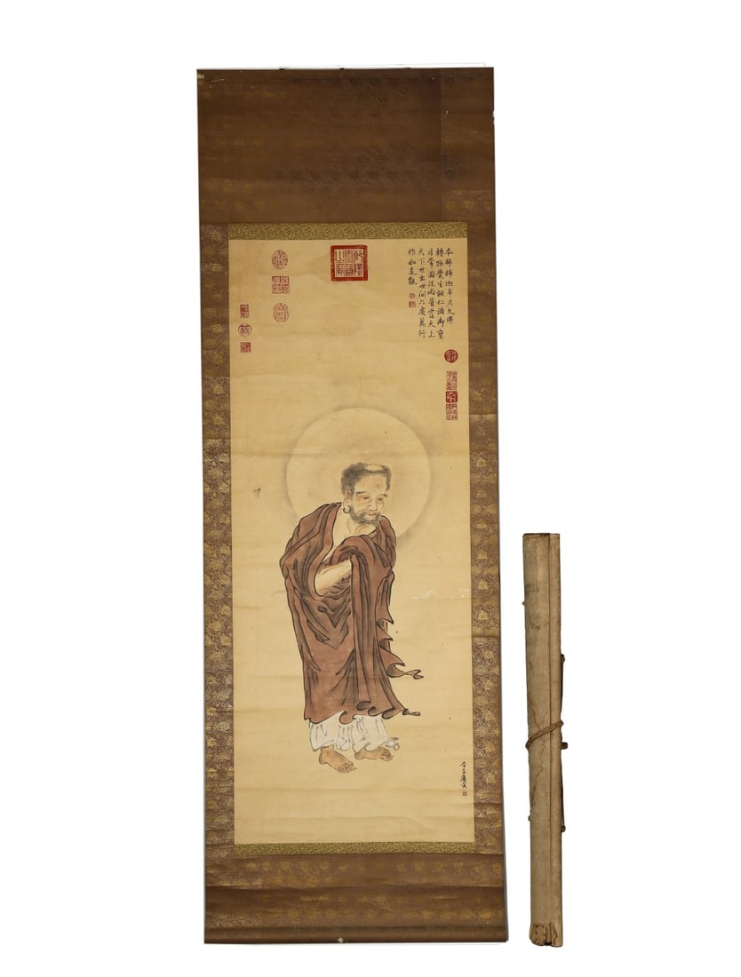 DAMORAHAN (1470-1524), TANG YIN OF THE MING DYNASTY: H:135cm(53.15in) W:51cm(20.08in)Vertical scroll of Bodhidharma arhat by Tang Yin, with fluid lines for robes and a halo behind the figure. It bears multiple imperial collection seals and inscribed poe