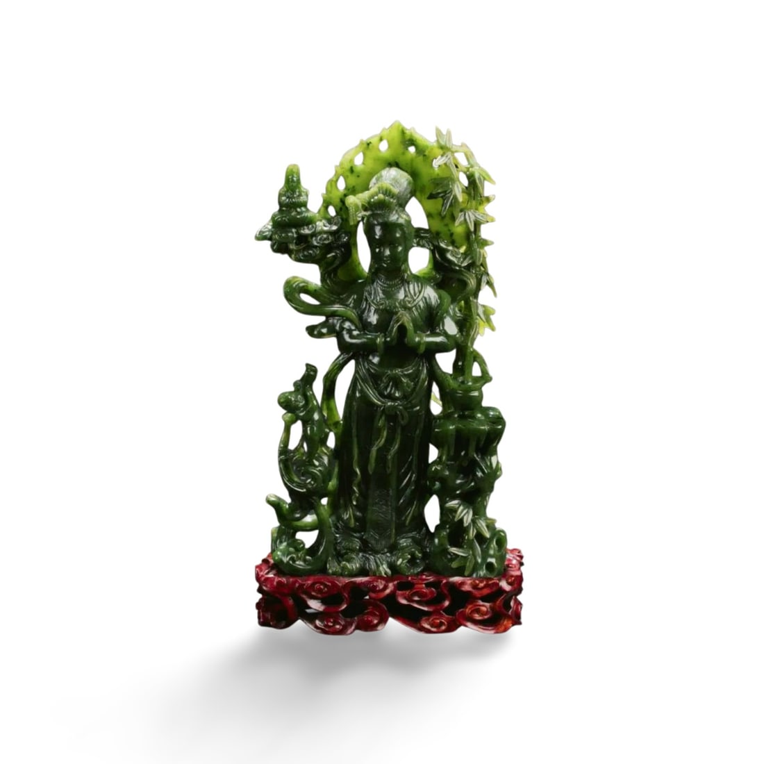 Chinese Jade Carved Bodhisattva Statue: Chinese Jade Carved Statue, depicting a bodhisattva in standing position, surrounded by a young deity and bamboo plants. Comes fitted with a wooden stand.Provenance: From Pasadena Antique Centre