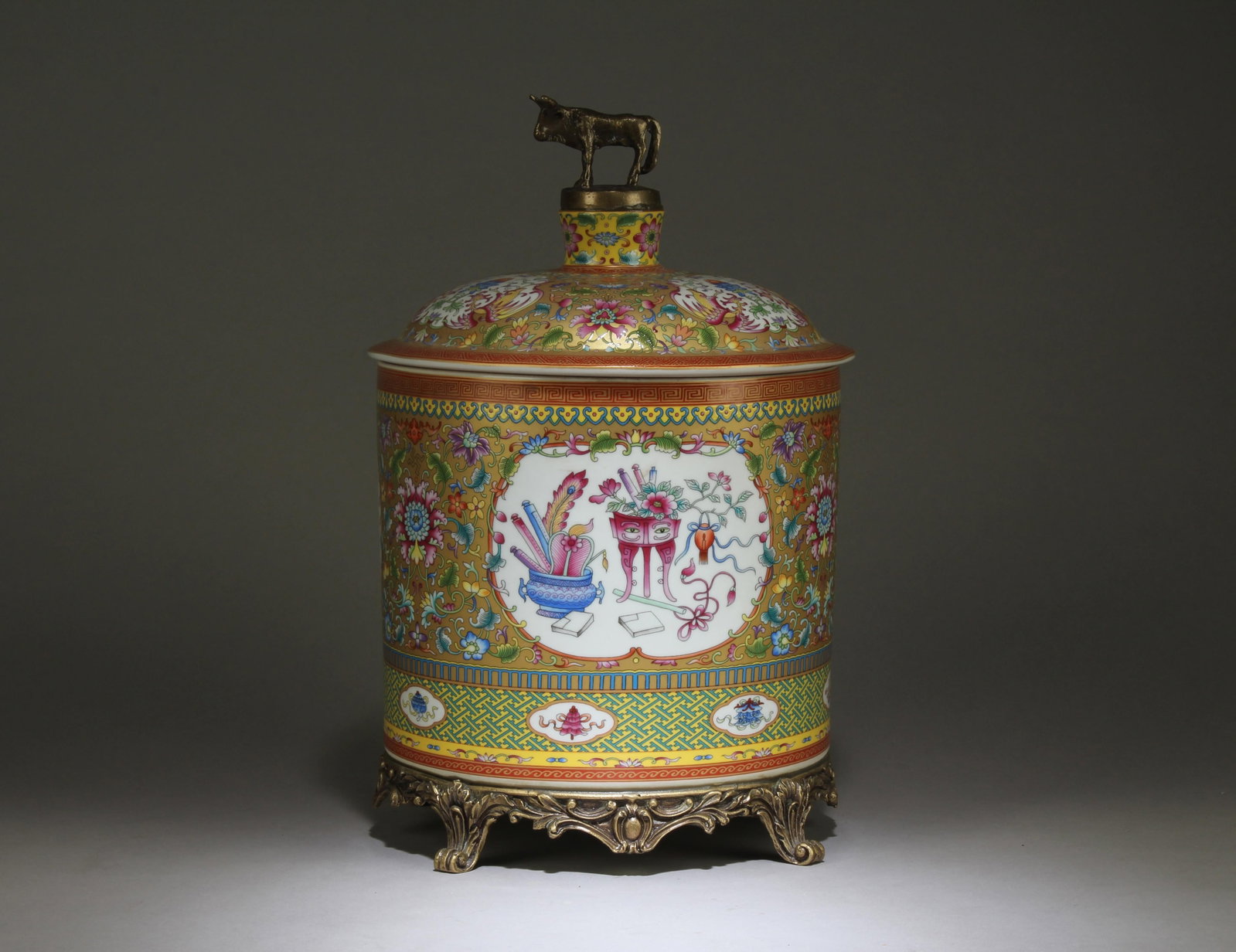 A Chinese Famille Rose Jar with Bronze Decorations (1 of 10)