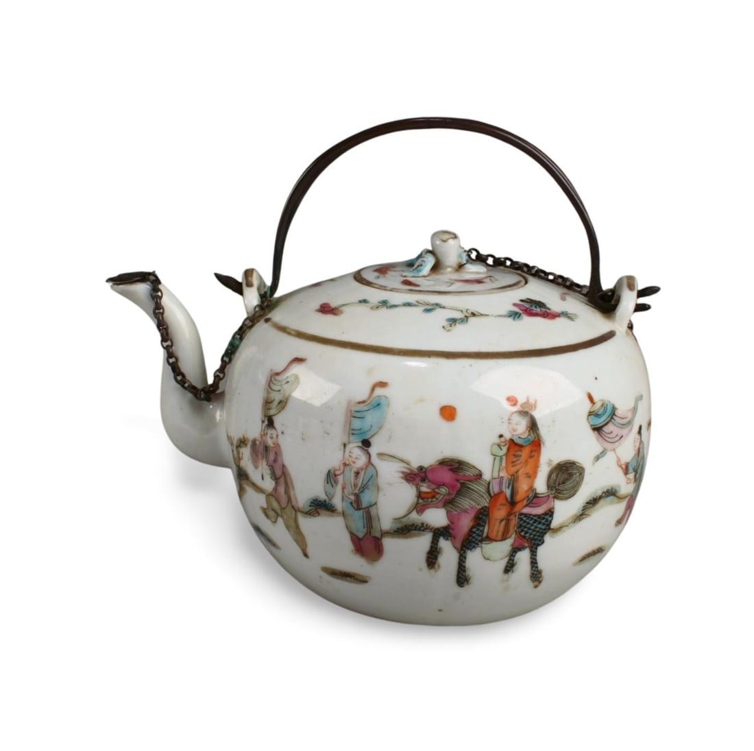 Chinese Fencai Teapot, 19th Century: Chinese Fencai Teapot, 19th Century, the body is decorated with 'Qilin SongZi', comes with a silver spout cover. Length: 6.25"Provenance: From Pasadena Antique Centre