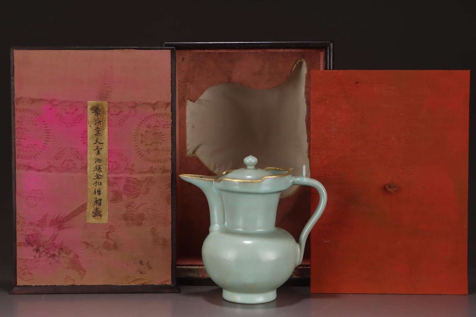 A Ru Ware Celadon Monk’s Cap Ewer With Gilt Mount: A Ru Ware Celadon Monk’s Cap Ewer With Gilt Mount. Dimensions: 7.87in x 8.07in.