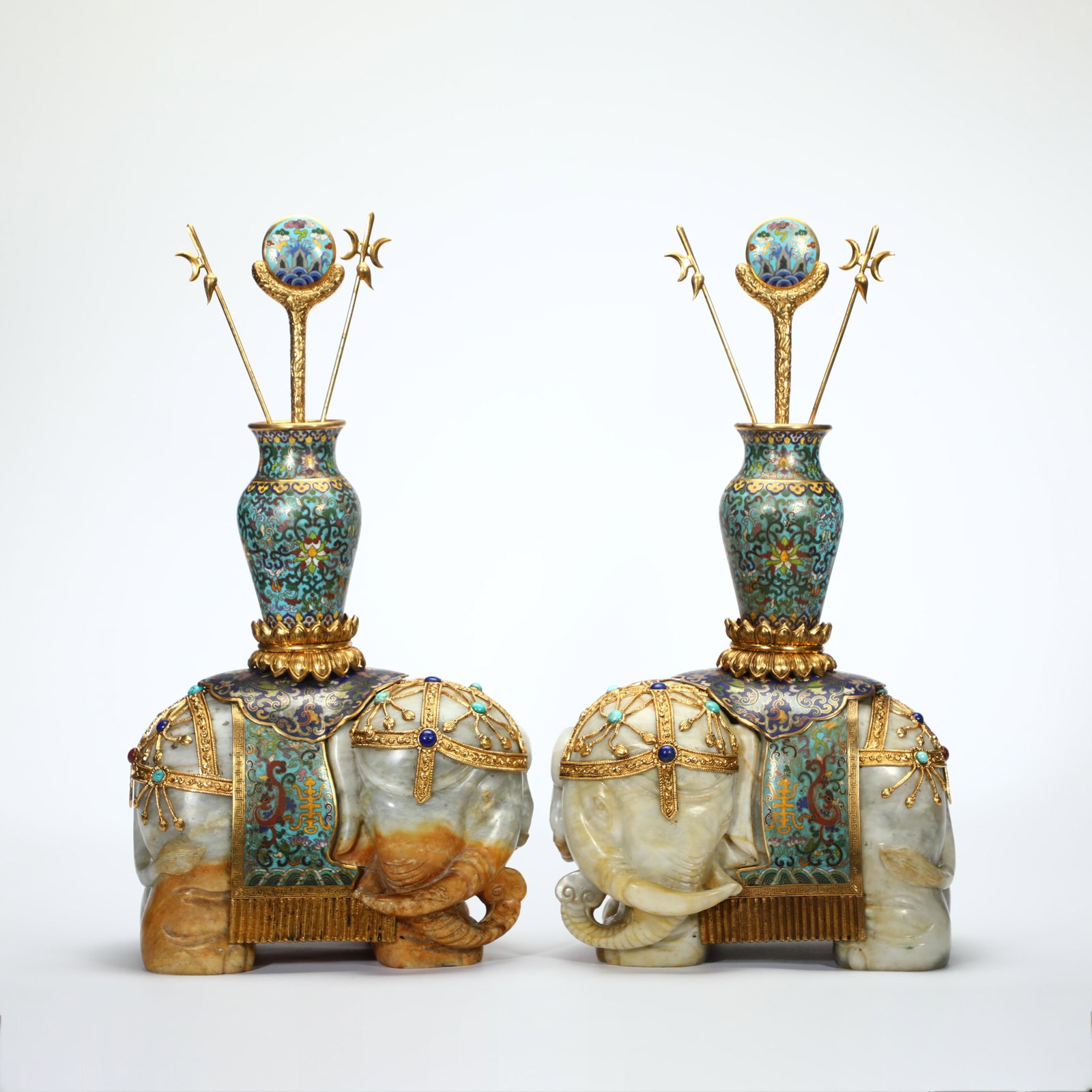 Pair of Carved Jade Elephants of Peace: Pair of Carved Jade Elephants of Peace. Length:9.84" Width:6.30" Height:19.29"