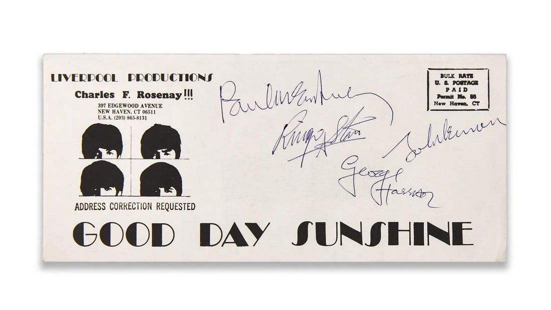 THE BEATLES - Fully Signed "Good Day Sunshine" Fan Mail Envelope (Liverpool Productions): THE BEATLES - FULLY SIGNED "GOOD DAY SUNSHINE" FAN MAIL ENVELOPE (LIVERPOOL PRODUCTIONS) Provenance and Authenticity: The envelope bears four signatures attributed to Paul McCartney, John Lennon, Geor