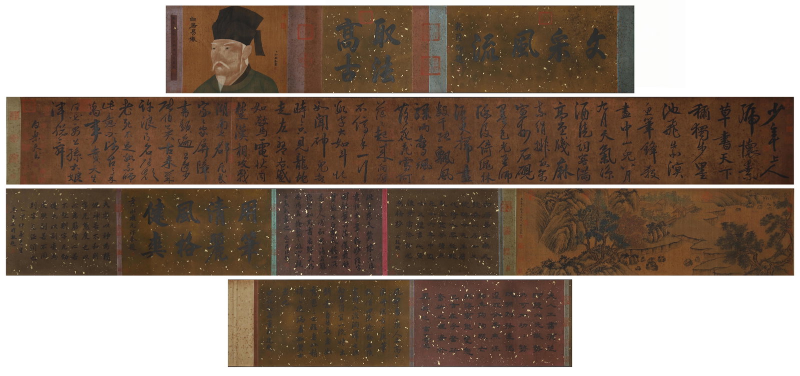 A Chinese Painting: A Chinese Painting Attributed to Tang Bai Juyi, Long Scroll of 'Praise Huai Su Calligraphy'. Dimensions: 418.9in x 15.75in.