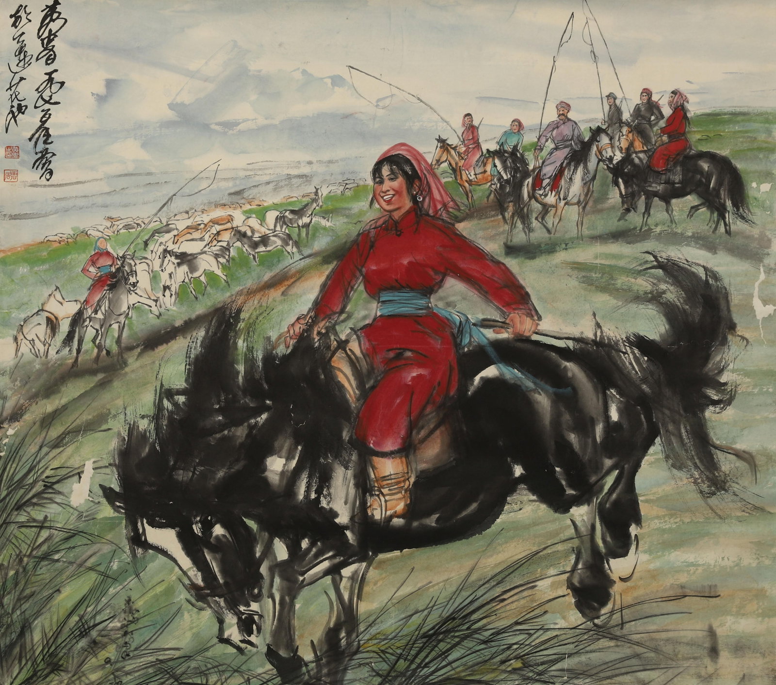 A Chinese Scroll Painting: A Chinese Painting depicting a Figure Attributed to Huang Zhou, Paper Scroll. Dimensions: 37.4 inches x 41.73 inches.