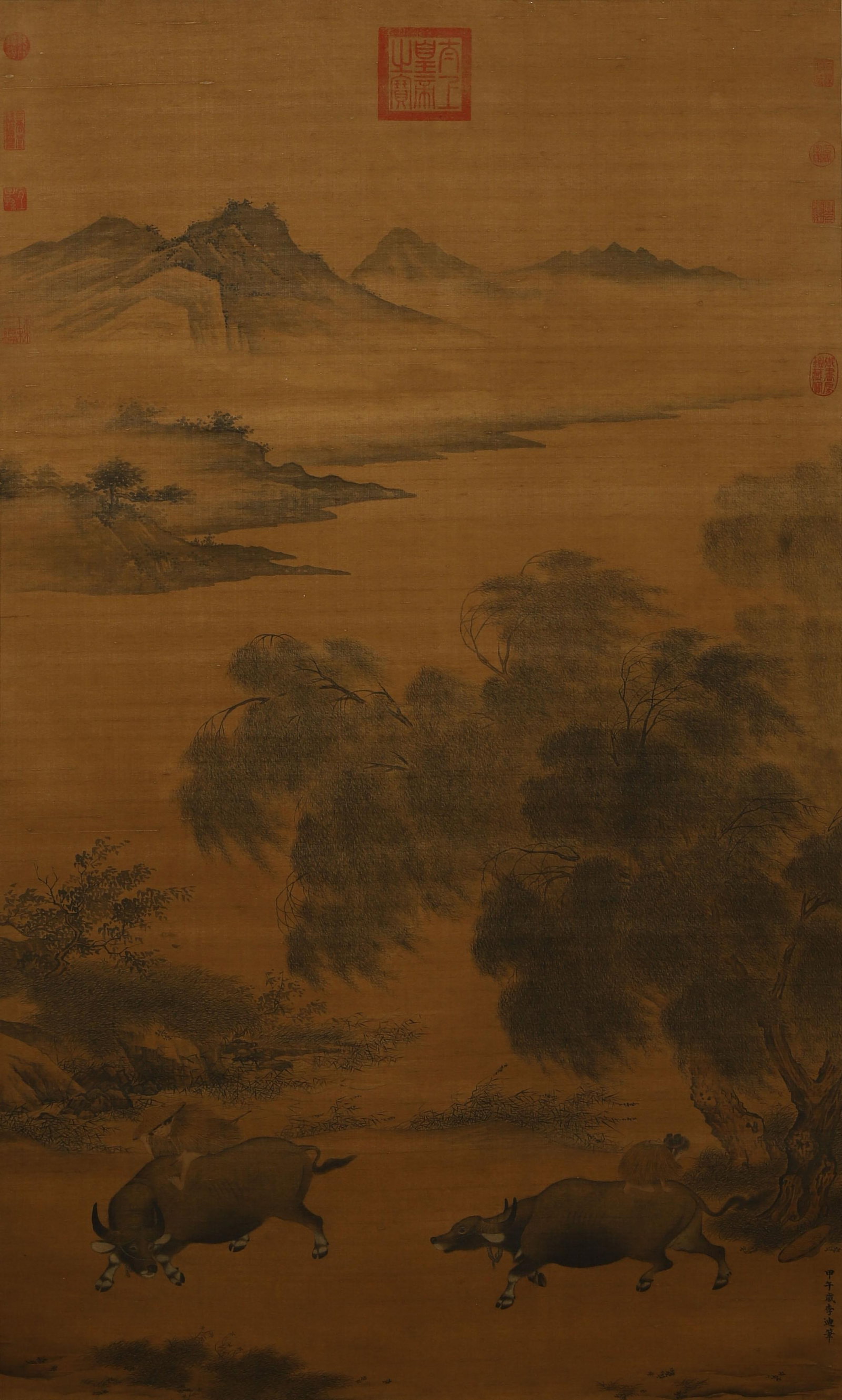 A Chinese Scroll Painting: A Chinese Painting depicting Return from the Storm Attributed to Li Di, Silk Scroll. Dimensions: 58.66 inches x 35.04 inches.